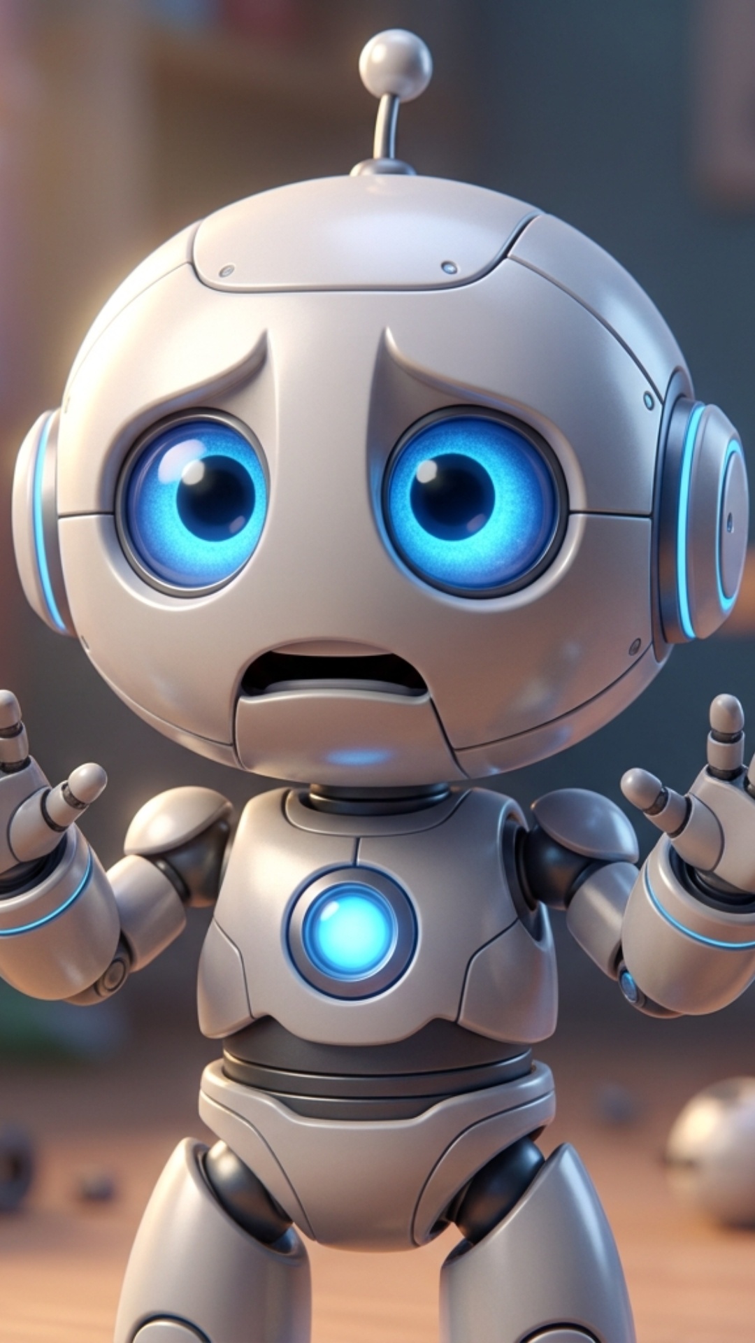 Art style: 3D Pixar.

Маленький робот в стиле чиби с округлыми формами, напоминающий ребенка. У н...