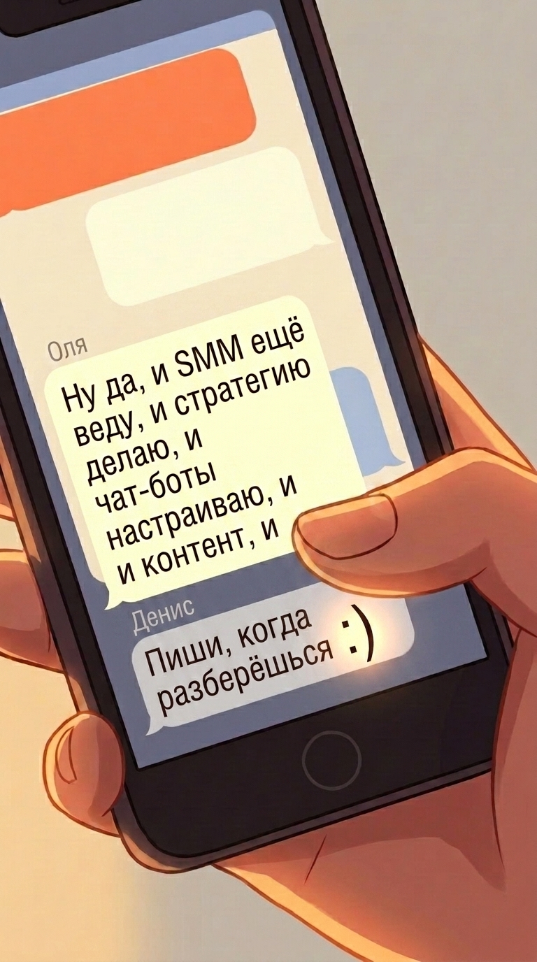Bubble с текстом "Пиши, когда разберёшься :)" от Дениса появляется снизу плавным slide-up в перву...