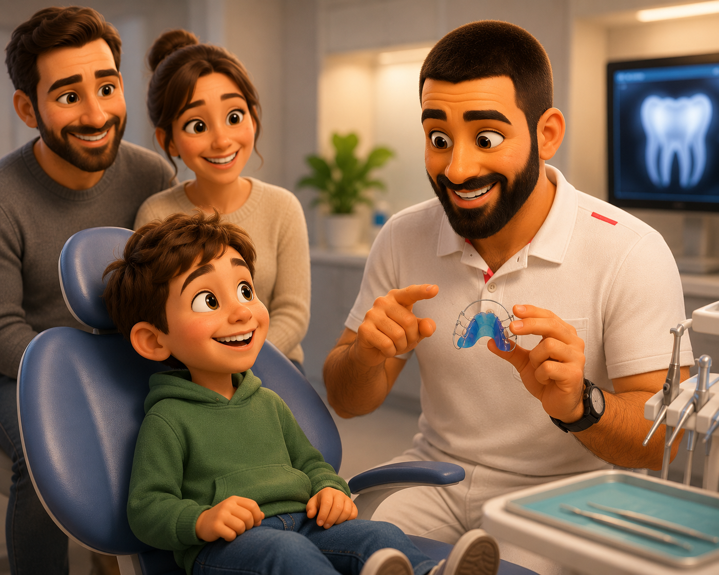 Same orthodontist in Pixar/Disney 3D animation style warmly talks with a smiling child sitting in...