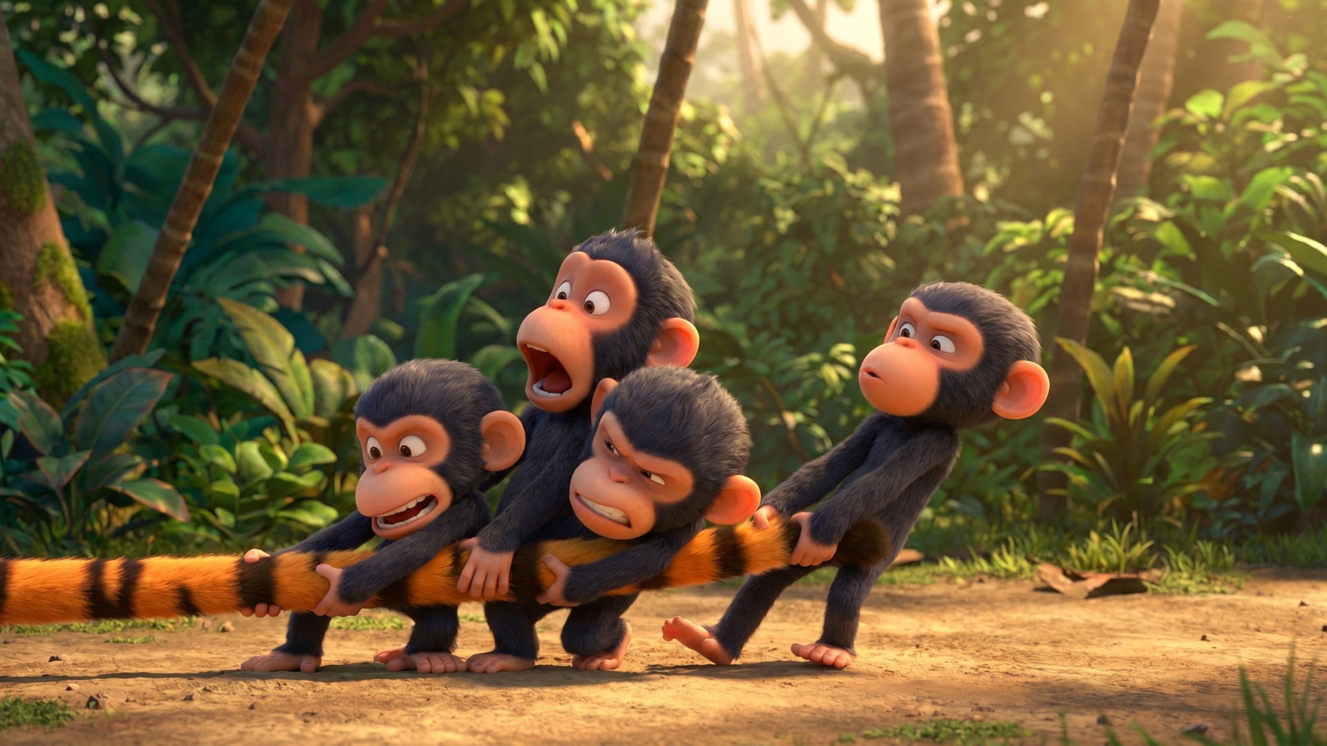 Мартышки тянут тигра за хвост. Мультфильм Pixar 3D.
