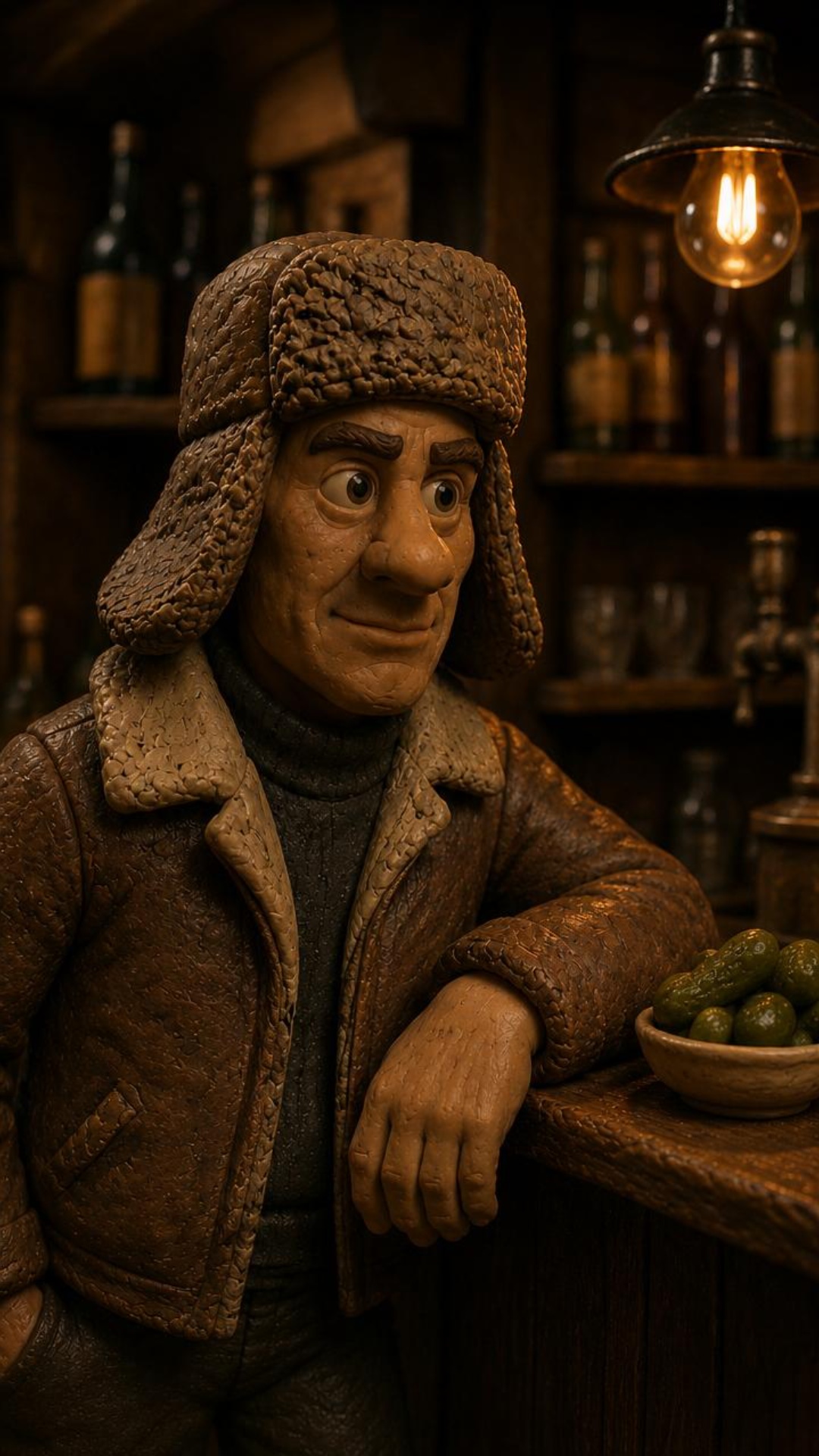 Claymation animation, dark cinematic handmade clay style. Chest-up shot inside a cozy bar. Camera...