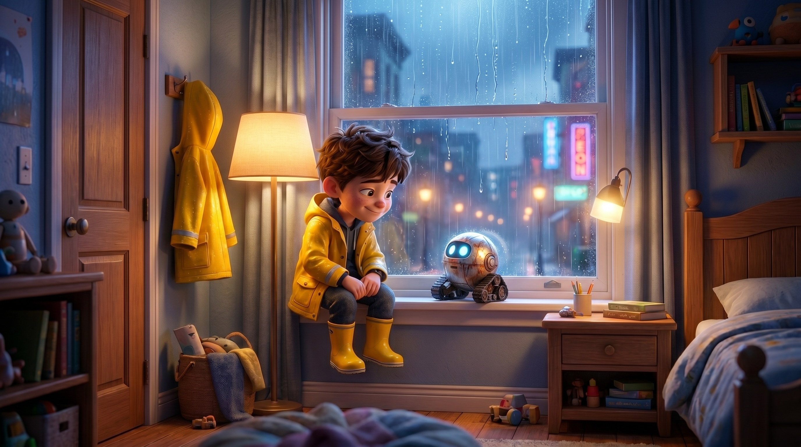 Emotional Pixar-style finale, cozy bedroom at night, Pasha sitting near window smiling softly whi...