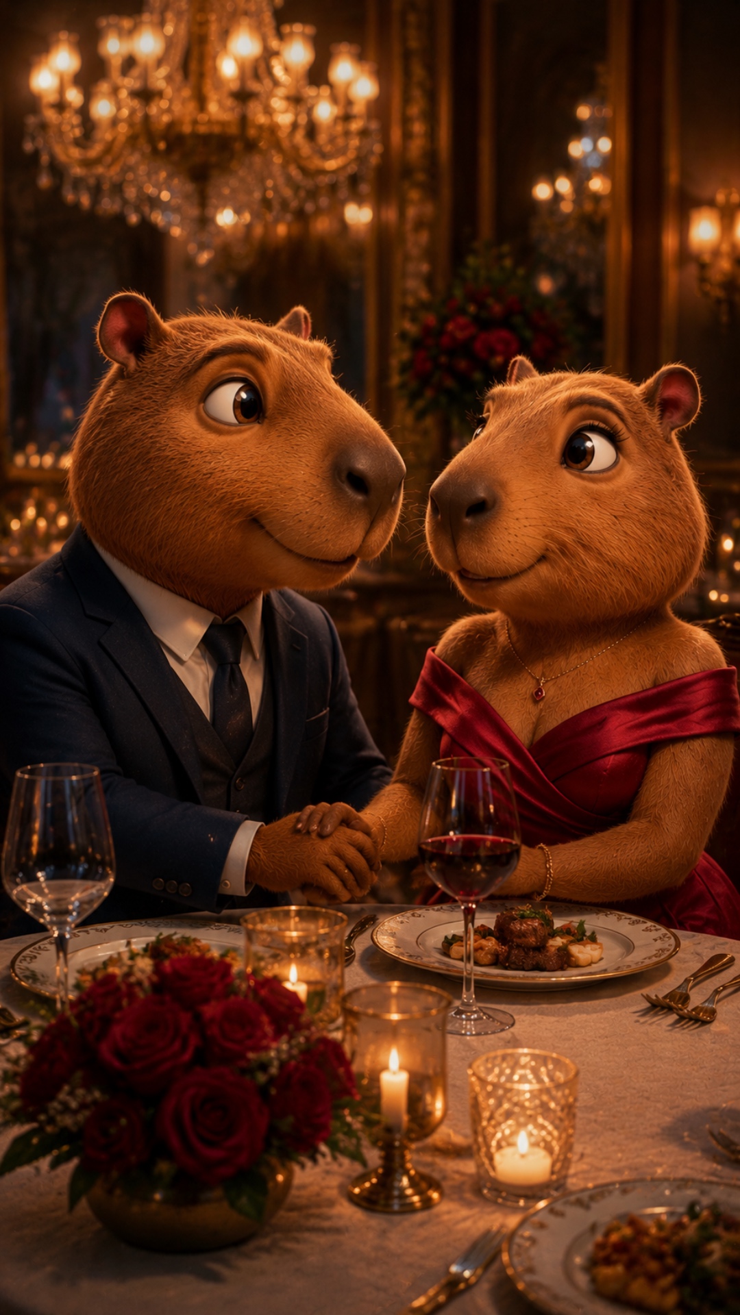 capybara couple eating dinner together, smiling, candle flickering, soft camera movement, romanti...