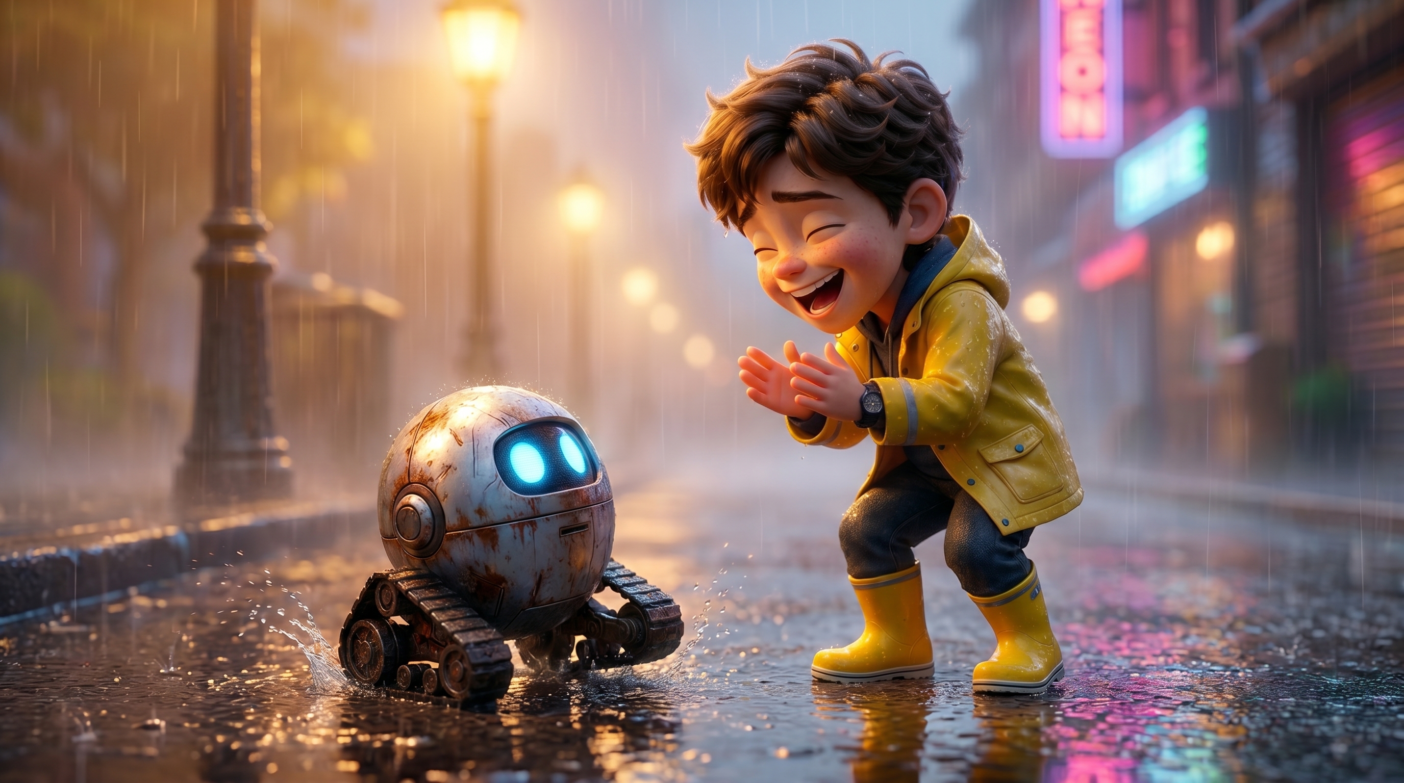 oyful Pixar-style cinematic scene, tiny robot successfully taking first moving steps after repair...