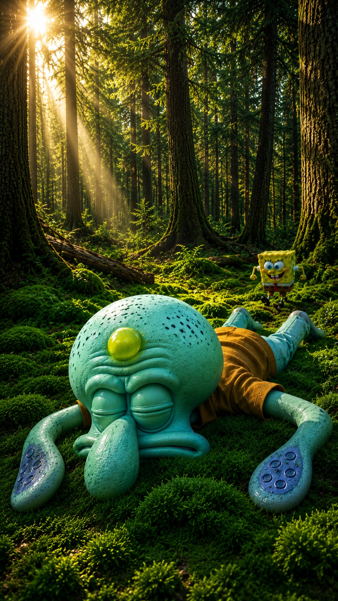 cinematic 3D animation, dense pine forest at golden hour, warm sun beams, thick soft moss, high-q...