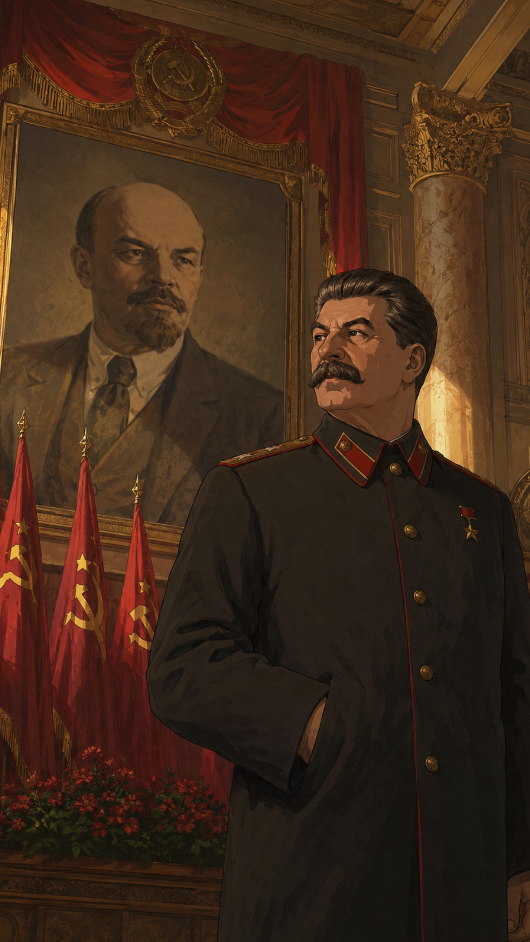 Joseph Stalin inside Kremlin grand hall beside portrait of Vladimir Lenin, Soviet flags, massive ...