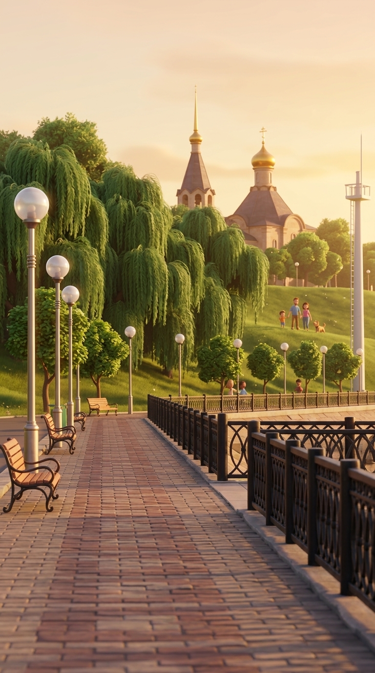 Warm golden-hour atmosphere: the family (two adults, two children) and their dog continue walking...