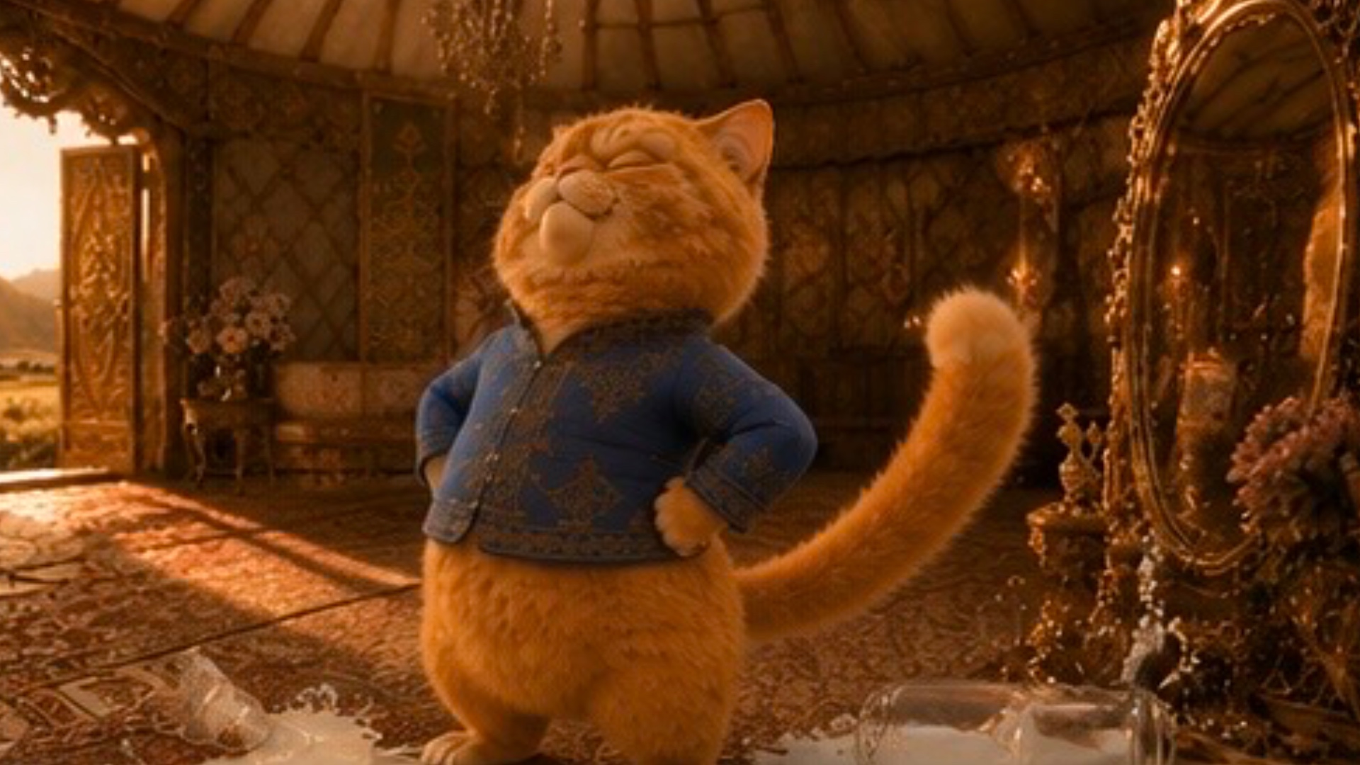 Міне, сұраған промпт:
Start with the proud, smirking cat from image_0.png in the ornate golden te...