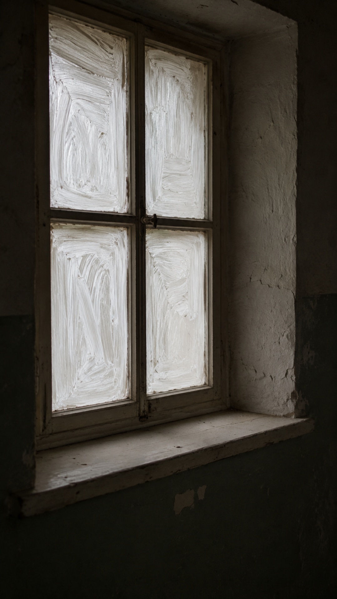 Slow cinematic close-up of a whitewashed window in a dark corridor. Slight handheld camera drift,...