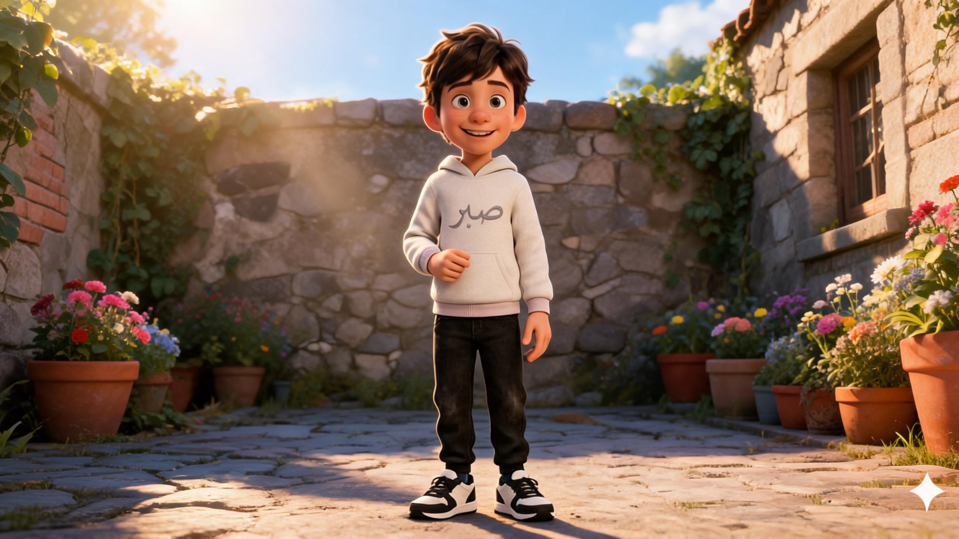 A cheerful 10-year-old boy playing in a cozy vintage courtyard, sunny day, Disney Pixar style, wa...