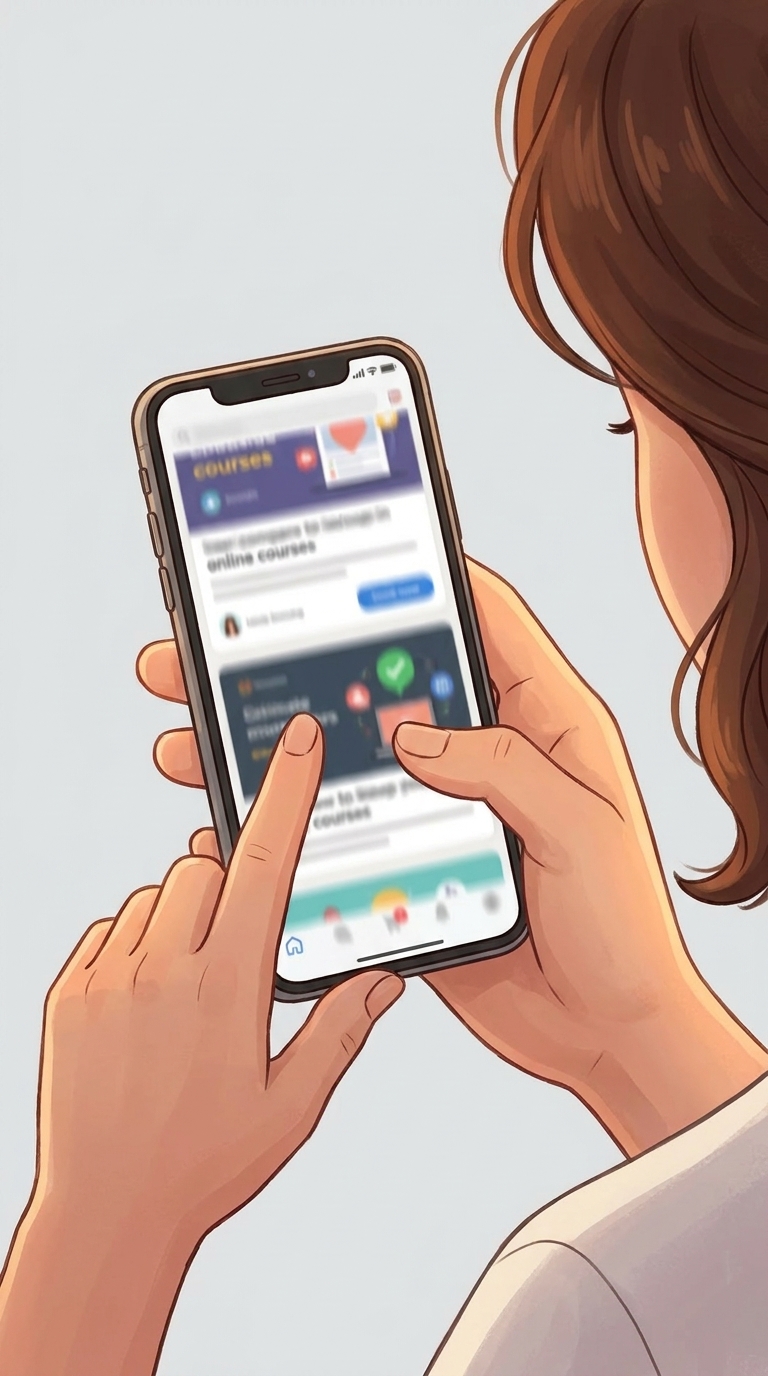 Большой палец правой руки медленно скроллит ленту на экране смартфона снизу вверх. Лента движется...