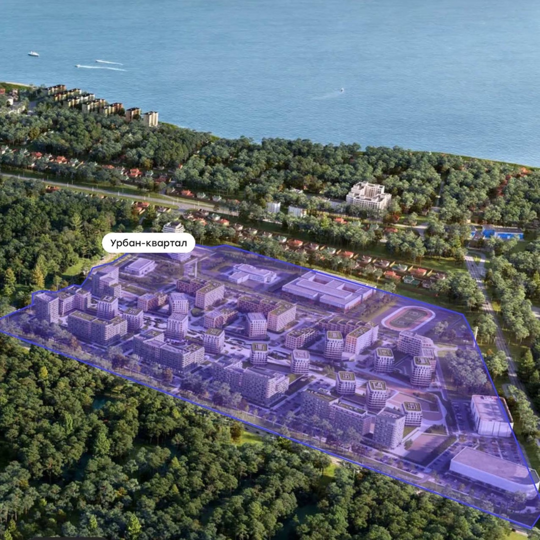 Ultra-realistic cinematic aerial visualization of a coastal urban masterplan surrounded by dense ...