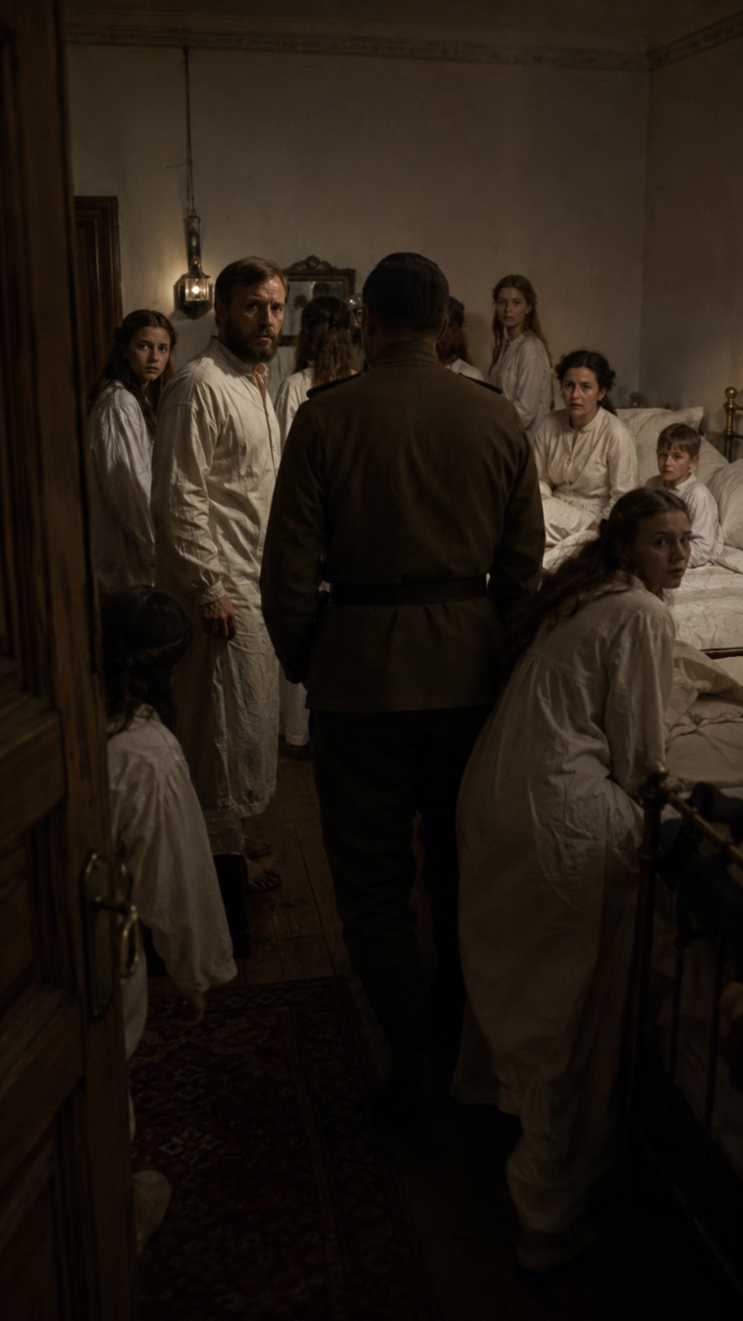Cinematic observer POV in a dim bedroom at night. A guard has entered and the Romanov family awak...