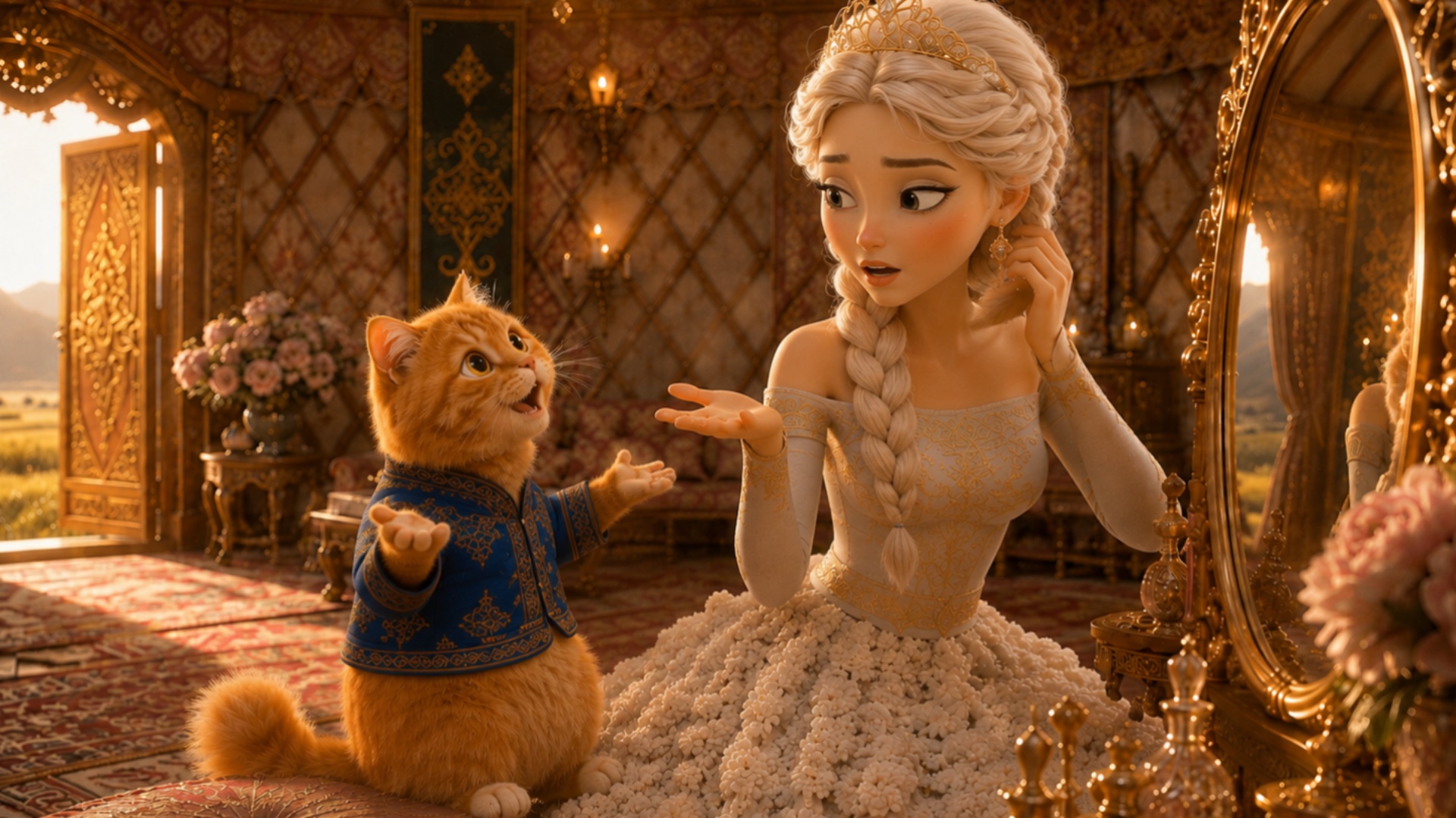 Disney Pixar style, inside a luxurious traditional Kazakh yurt during warm golden sunset. Medium ...