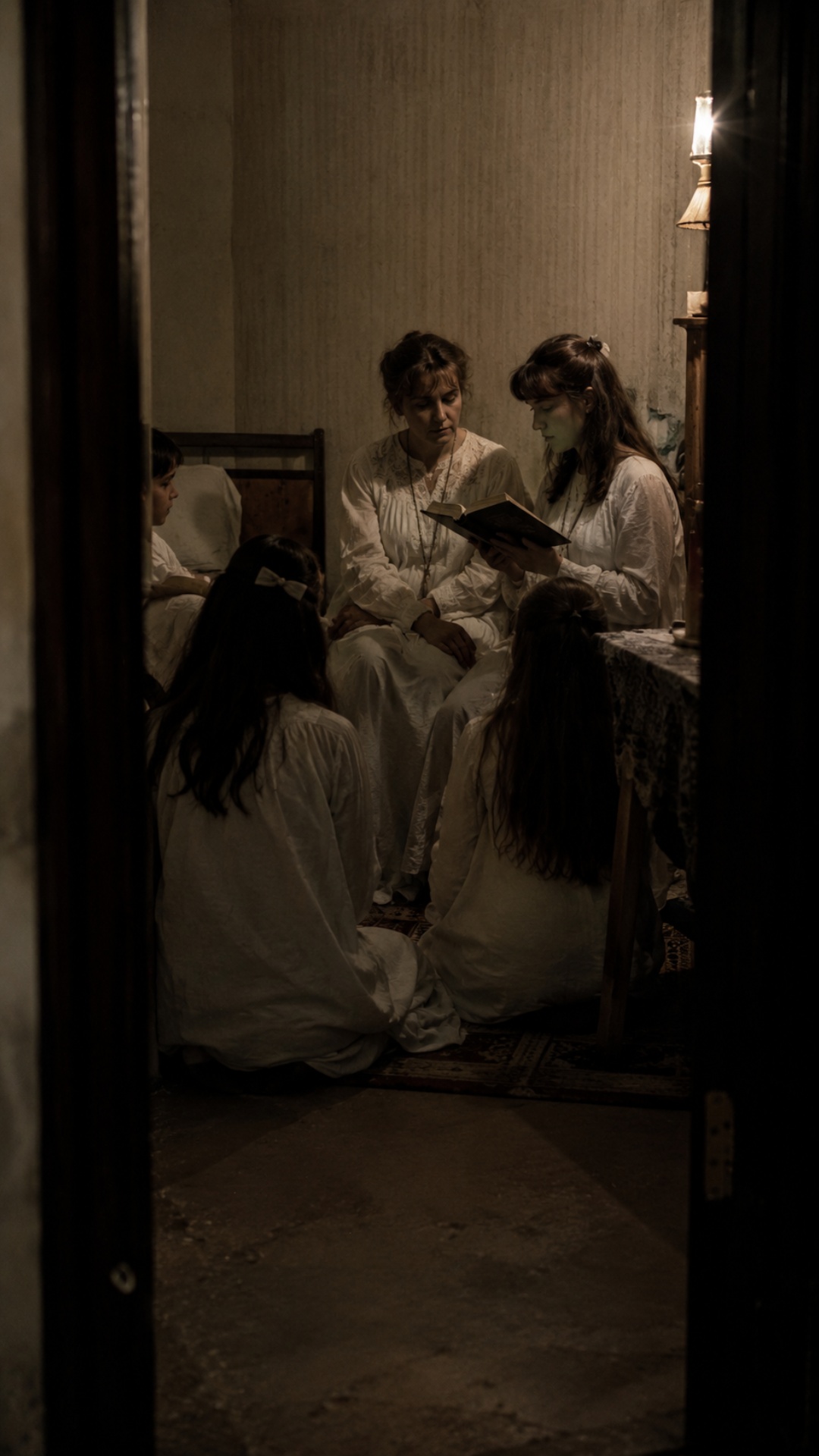 Cinematic observer POV from the doorway. Tatiana quietly reads from a Bible beside her mother whi...