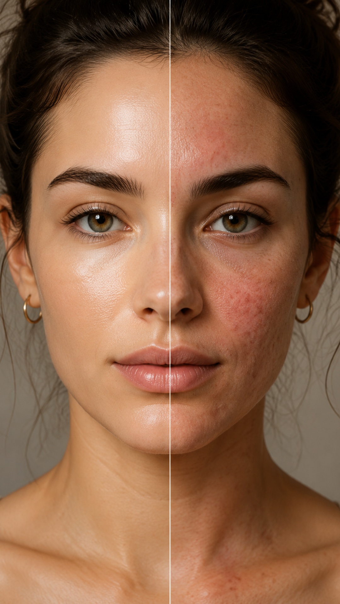 Split face portrait: one side glowing calm skin, other side stressed skin with inflammation, arti...