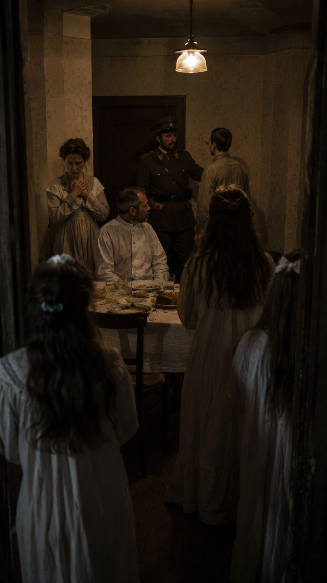 Cinematic scene viewed from the doorway. The family stands around the dinner table after supper a...