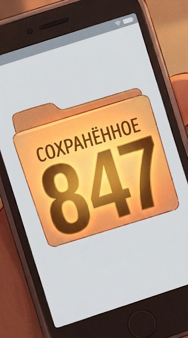 Иконка папки "СОХРАНЁННОЕ" с цифрой 847 в центре экрана медленно пульсирует — оранжевое свечение ...