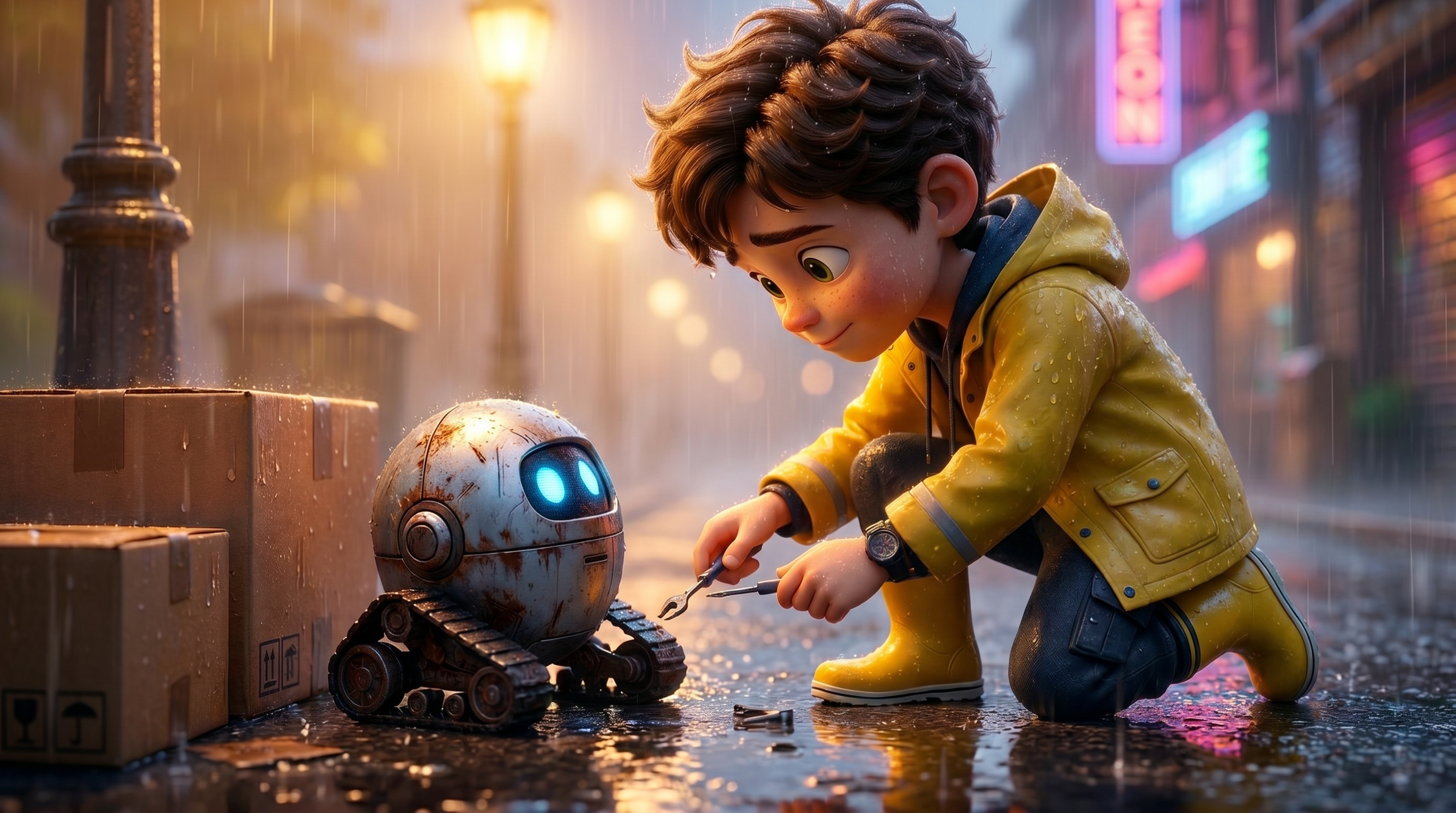 Pixar-like emotional repair scene, Pasha sitting on wet pavement carefully fixing small robot tre...