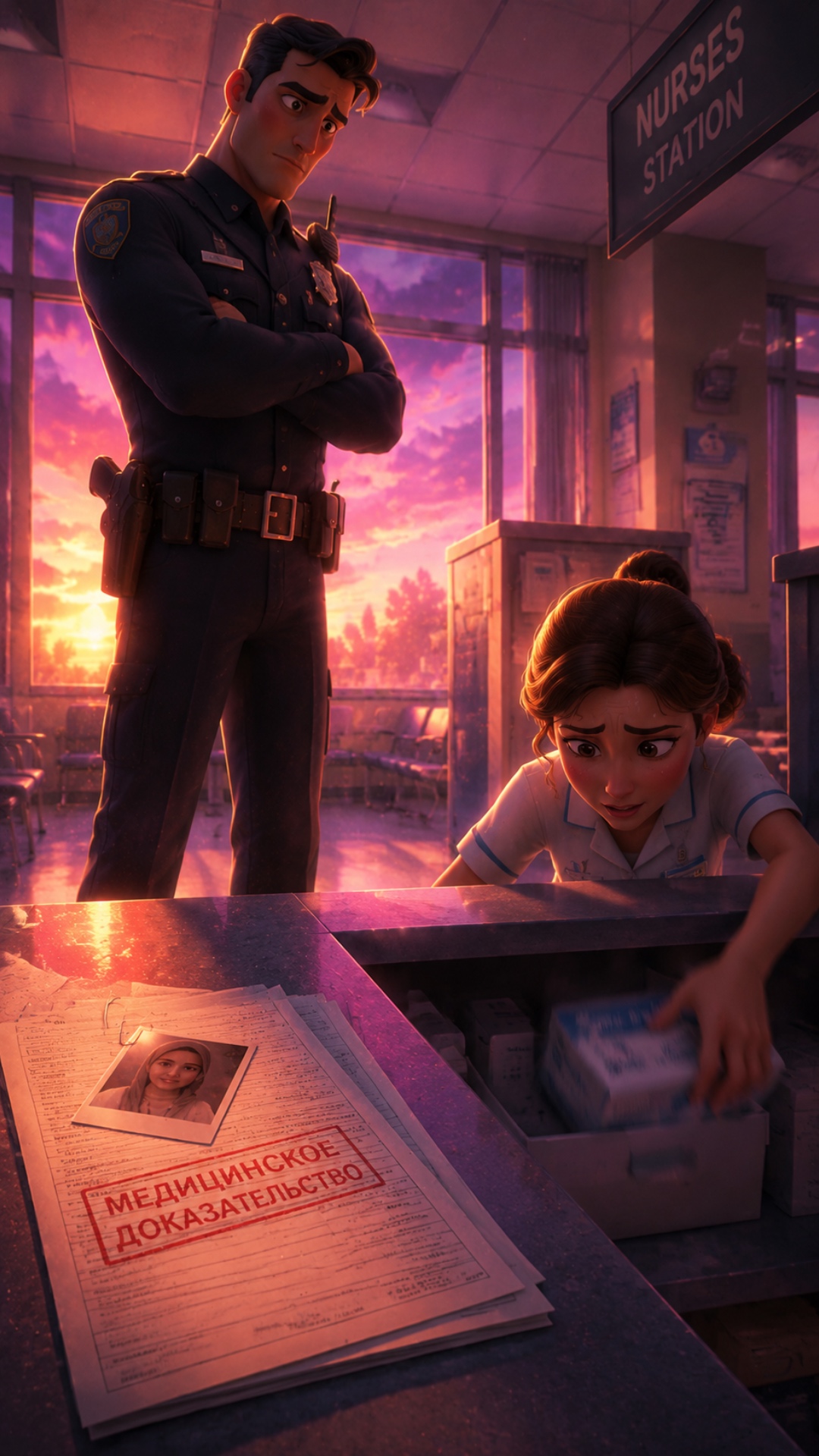 Видео 2: Медсестра прячет документы
3D Pixar-анимация, у ресепшена больницы, камера сбоку показыв...