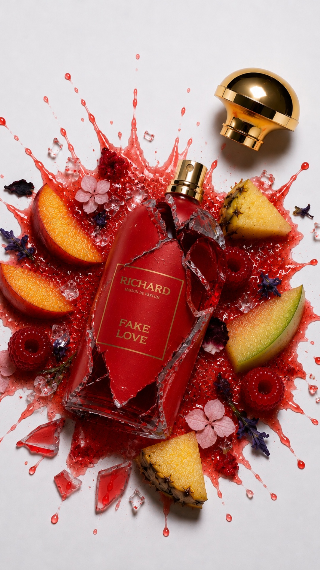 Create a cinematic macro video of a luxury perfume bottle on a clean white background, surrounded...