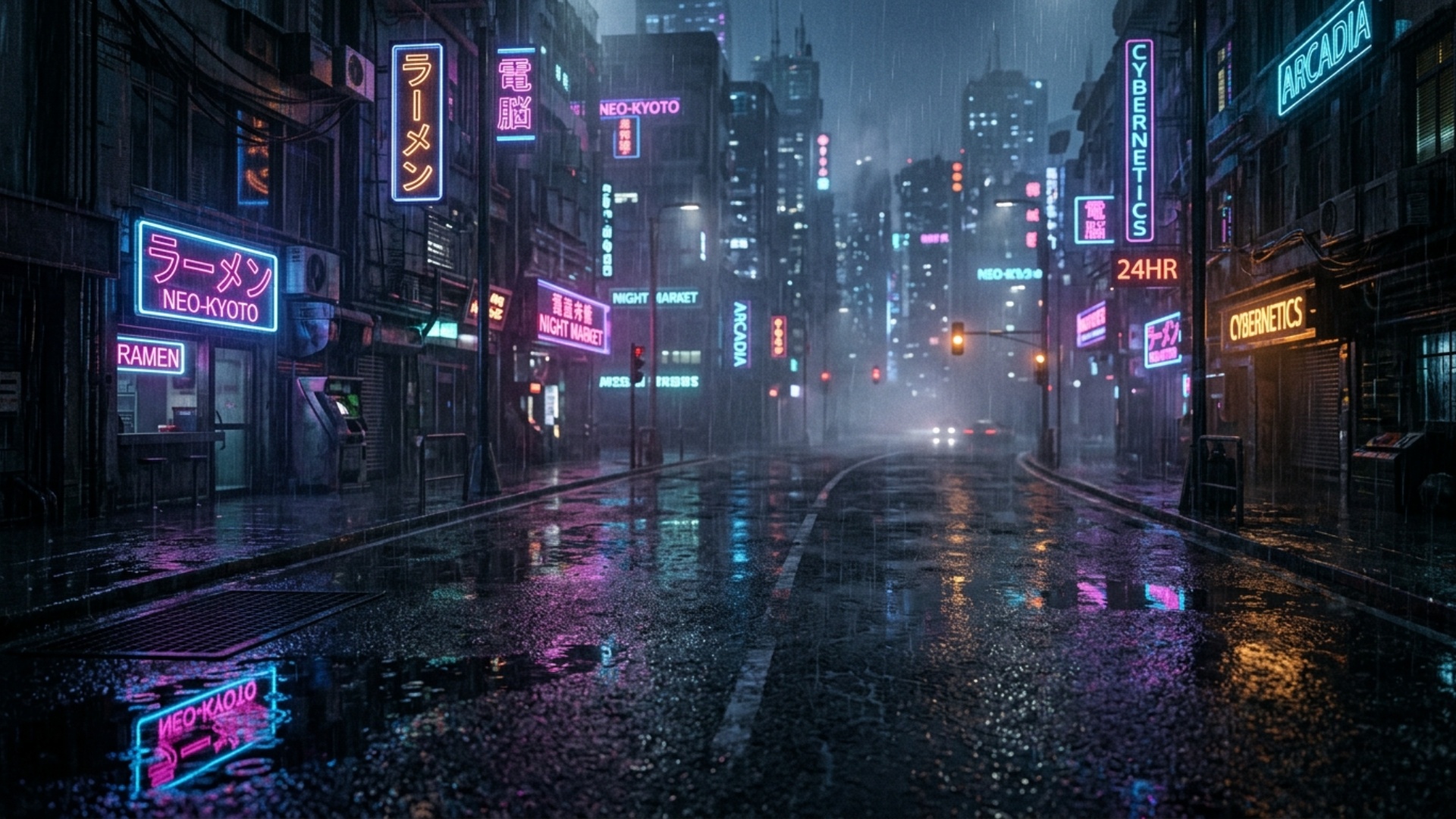 cinematic rainy cyberpunk street at night, empty road, neon reflections on wet asphalt, soft blue...