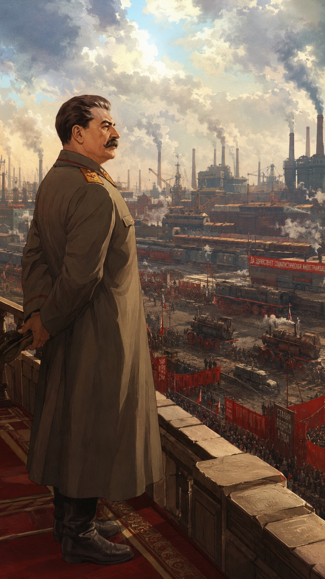 Joseph Stalin overlooking massive Soviet industrial landscape, factories, smokestacks, trains, wo...