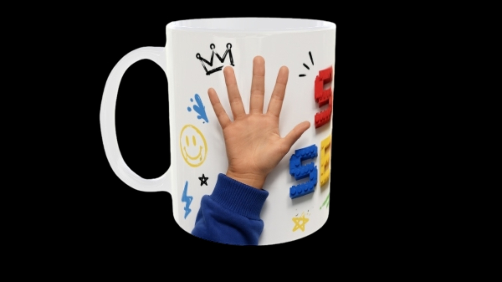 3D rendering, sublimation printing process on ceramic mug, thermal press, ink transforming into g...
