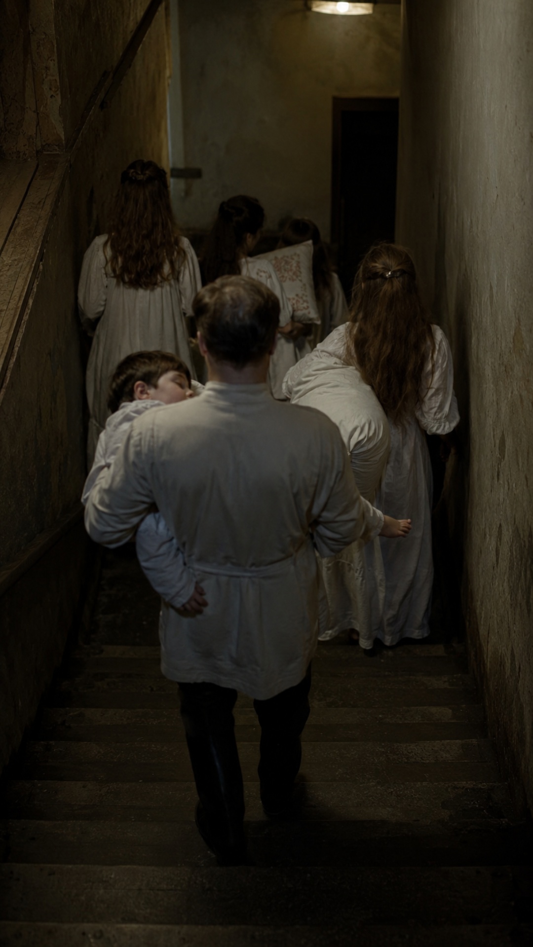 Following shot from behind, cinematic POV. The Romanov family slowly descends a narrow staircase ...