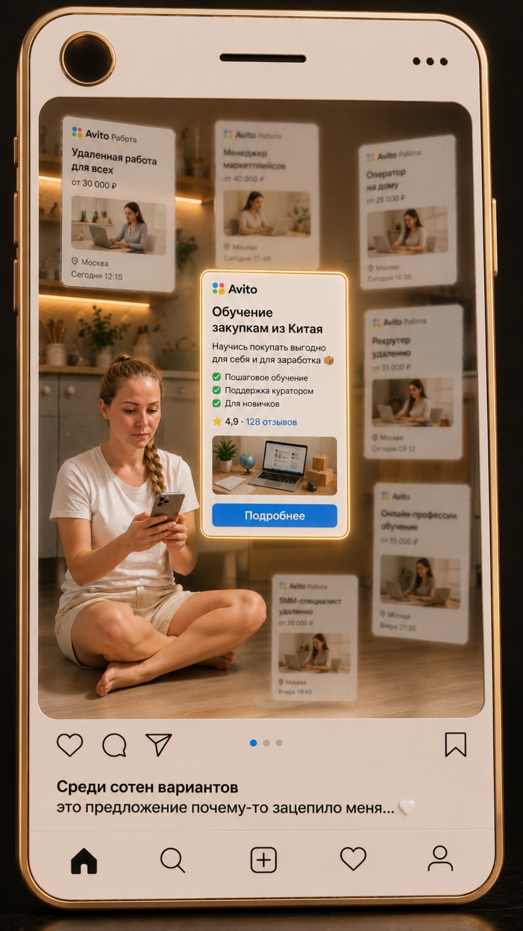 Realistic woman sitting on the floor in a cozy kitchen, holding a smartphone. She slowly scrolls ...