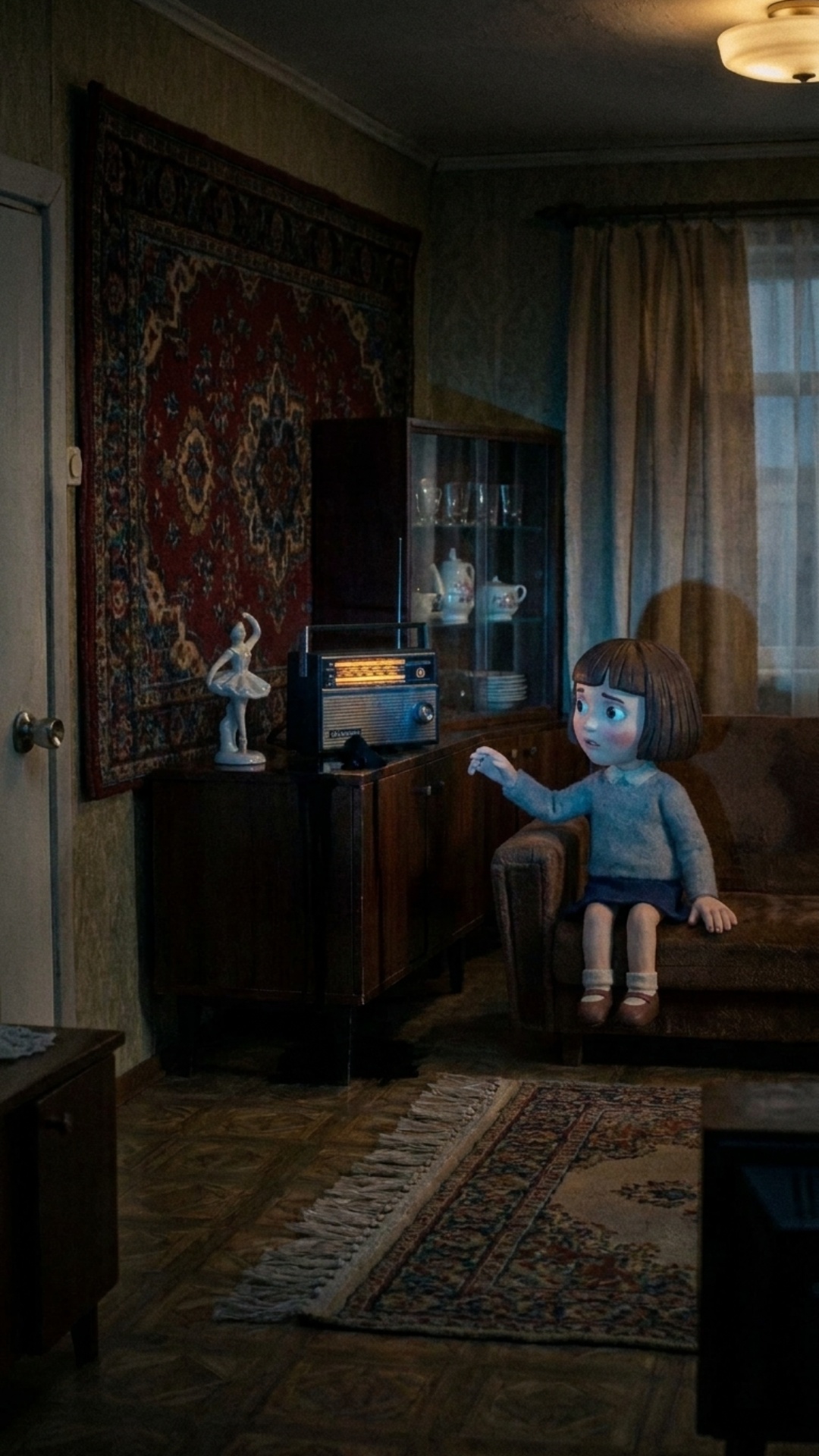 Stop-motion puppet animation, 12fps, Steve Burton claymation style, handcrafted aesthetic, frame-...