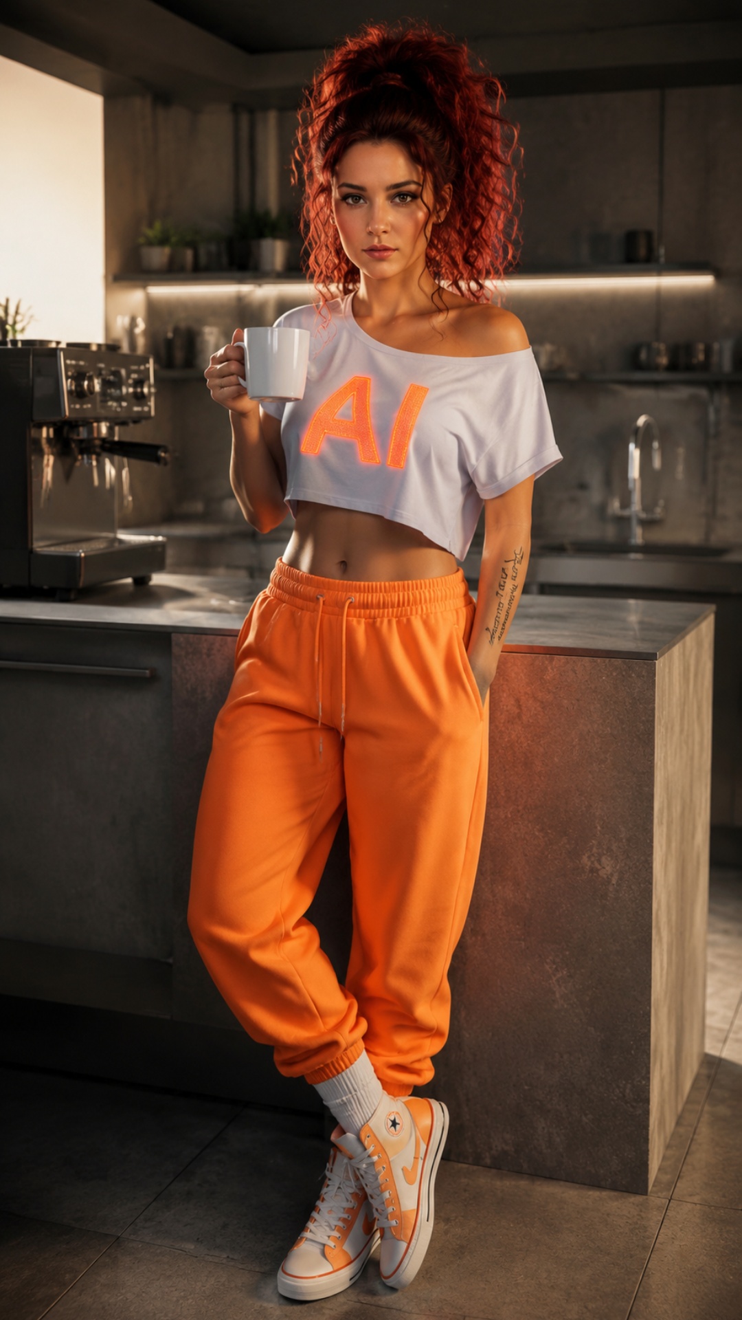 Close-up of a young girl with a warm smile standing in the morning in a cozy kitchen with a mug o...