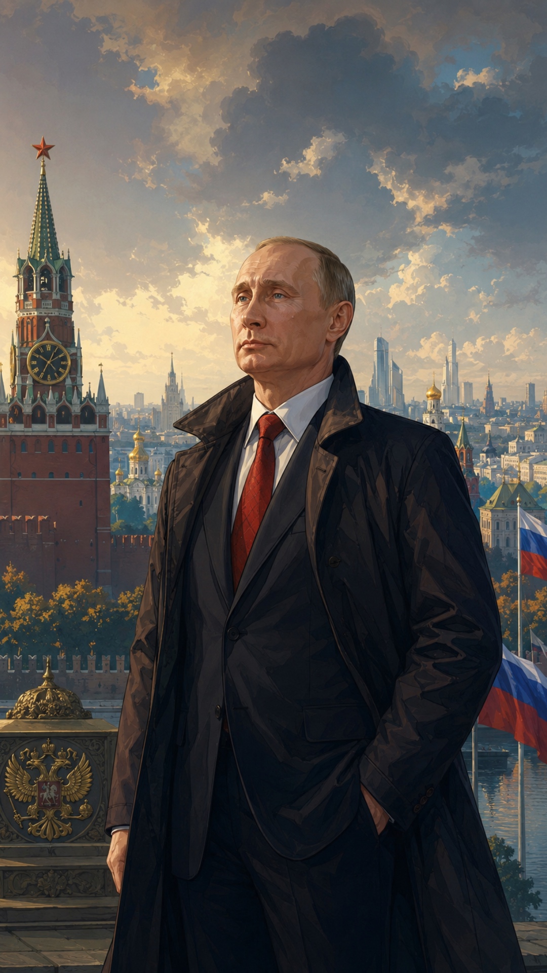 Стиль 2D, стоит неподвижно, камера не двигается, плащ и флаги развиваются на ветру