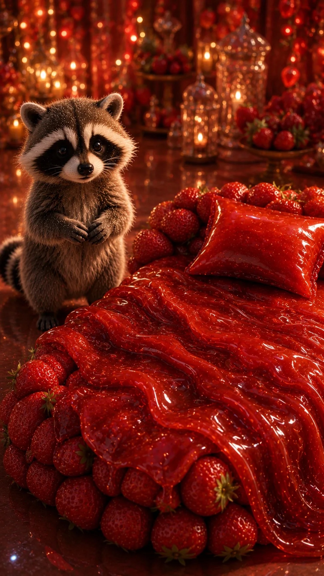 Cute fluffy raccoon slowly walks toward a cozy bed made entirely of giant glossy strawberries in ...