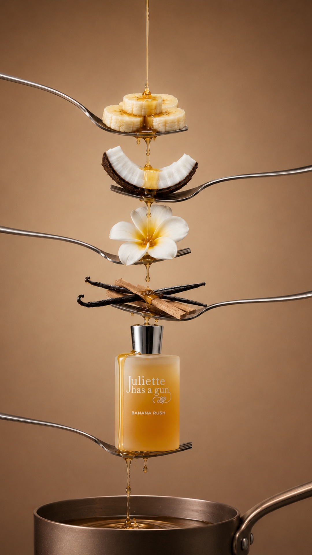 Luxury perfume commercial video, macro cinematic shot, vertical composition, warm rich brown grad...