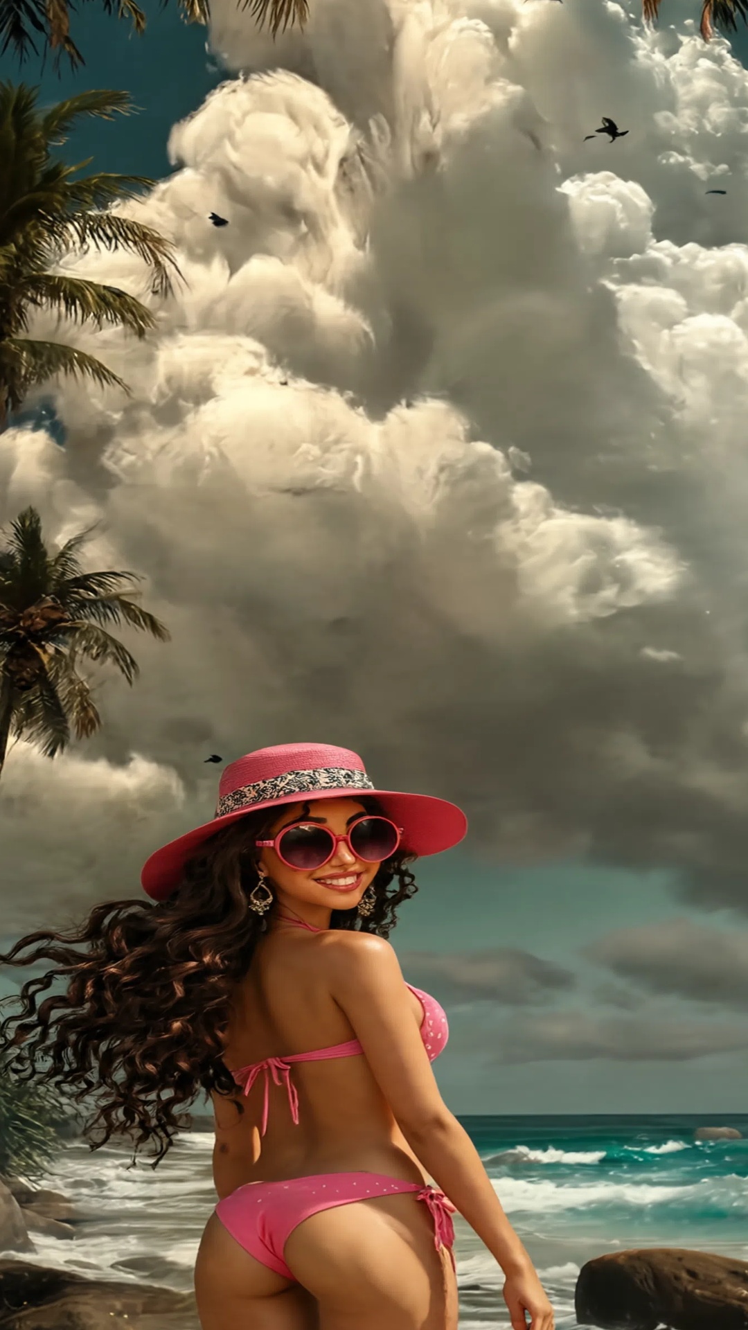 A woman with long curly hair, wearing a pink hat and a pink bikini, walking slowly along the sand...