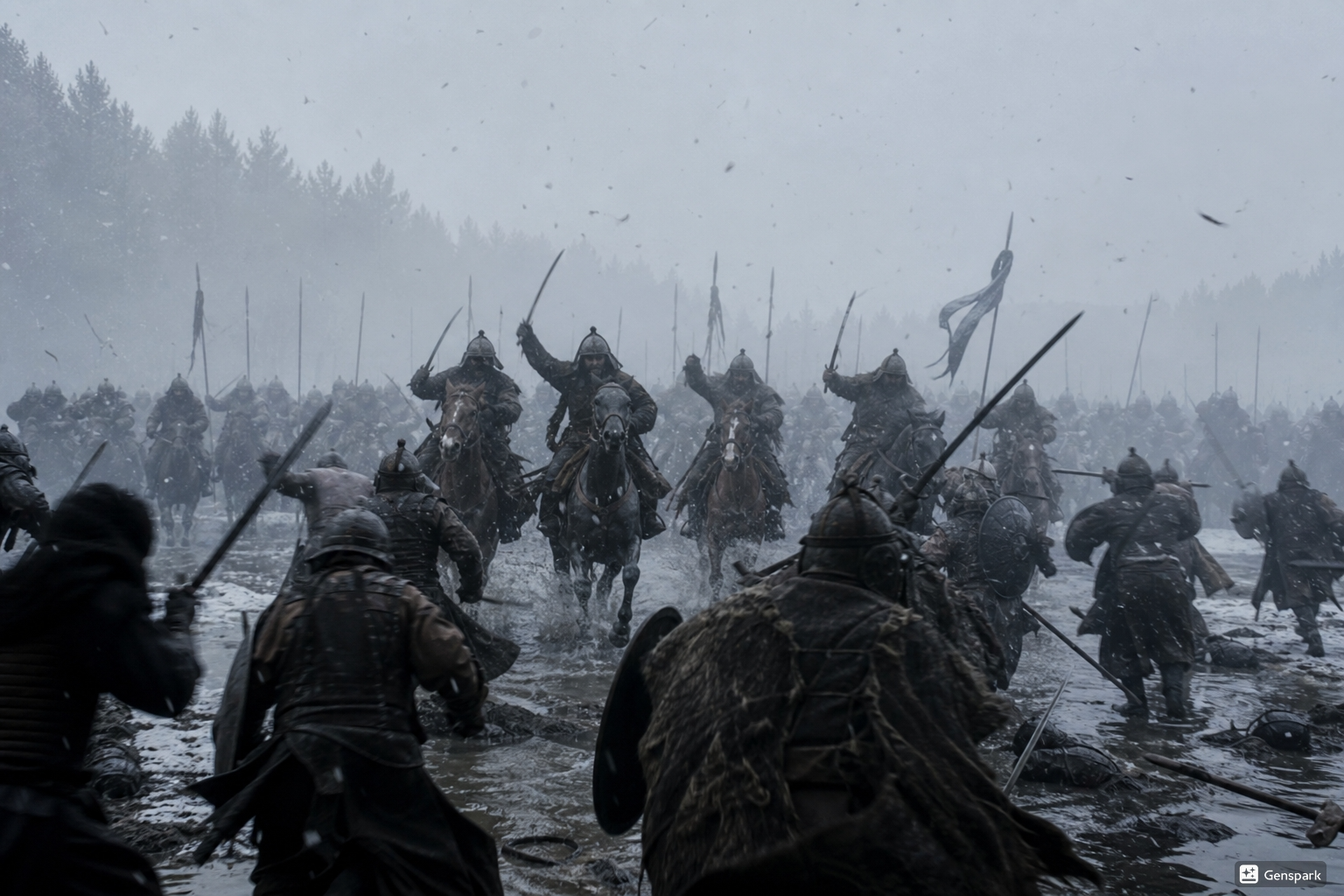 CopyMongol attack erupting suddenly through winter haze at the Sit River, no long buildup, only i...