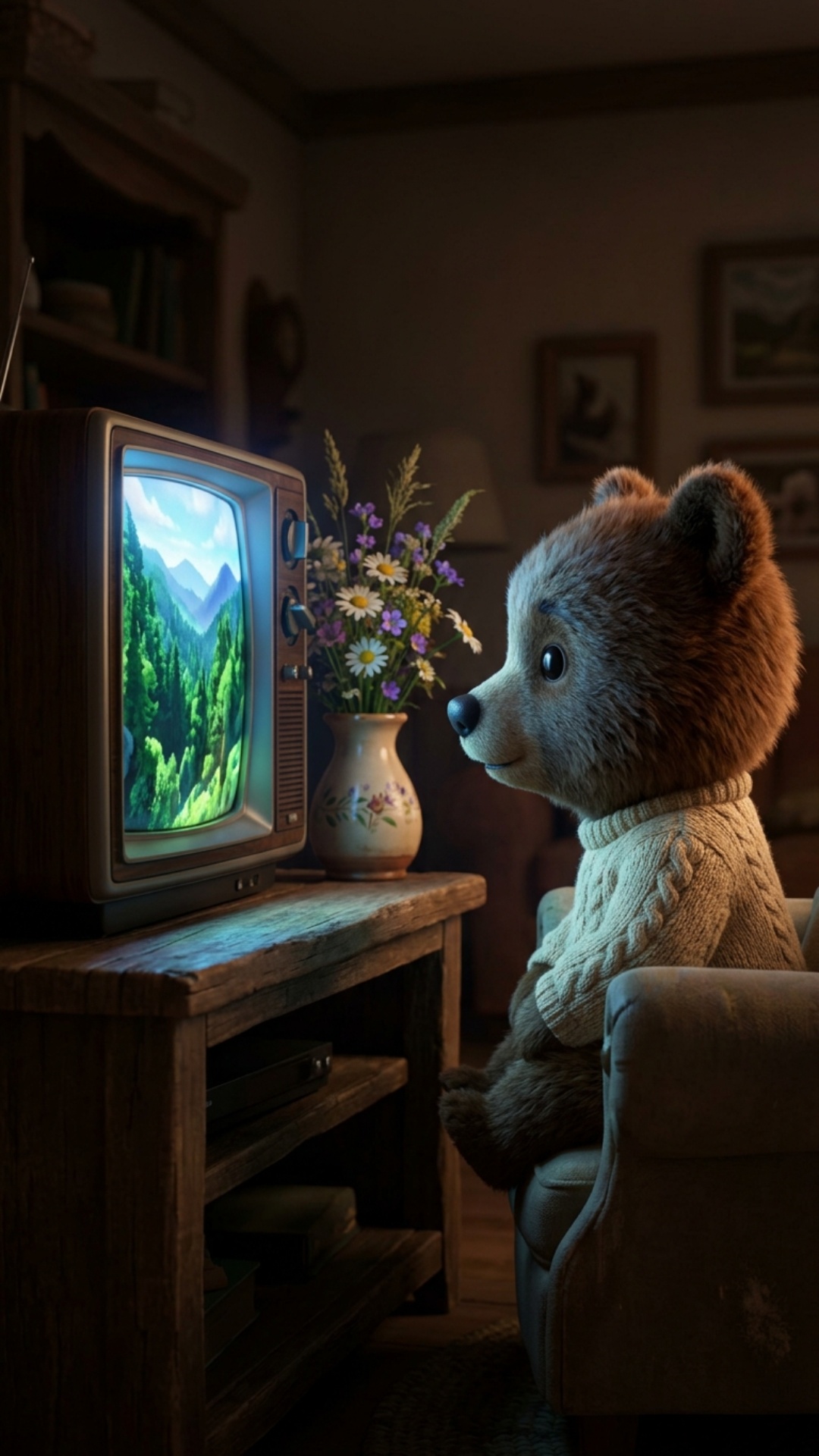 Art style: 3D Pixar.

Интерьер гостиной с небольшим ретро-телевизором на деревянной тумбе. На экр...