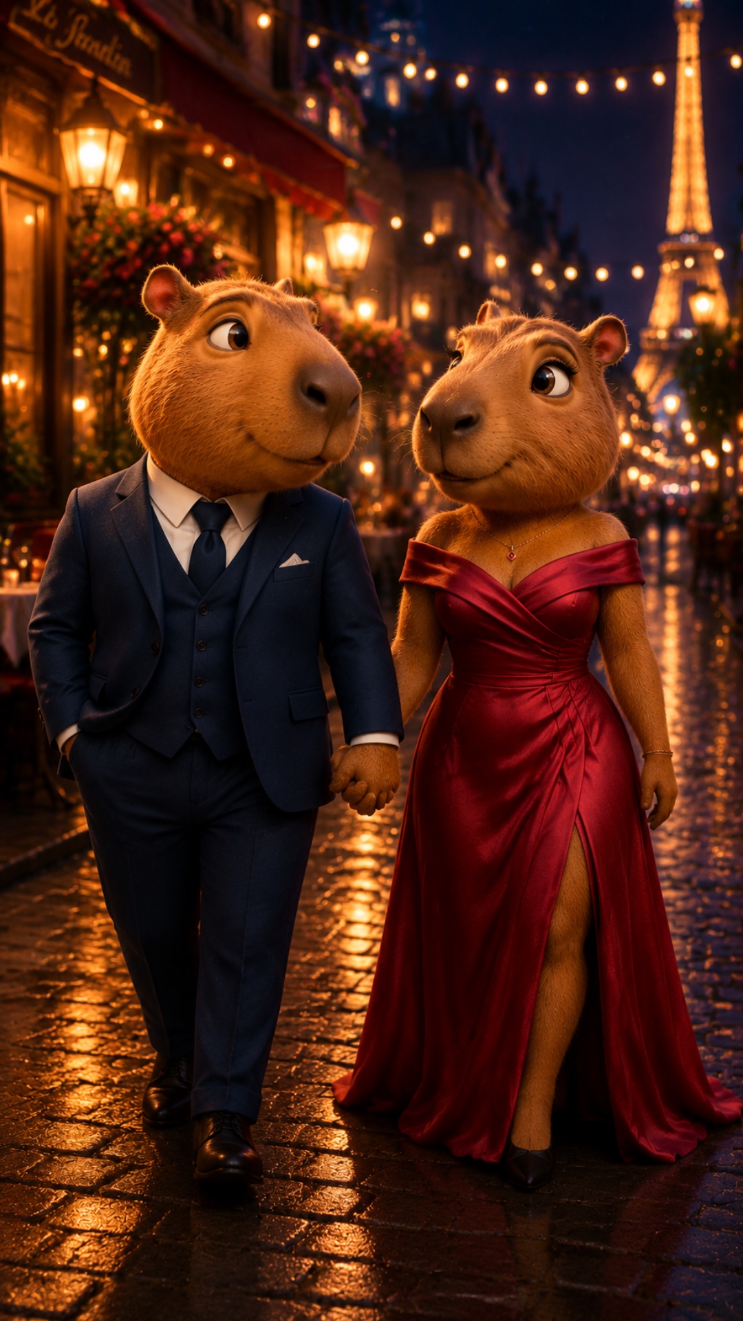 capybara couple walking away holding hands, camera slowly pulling back, warm city lights glowing,...