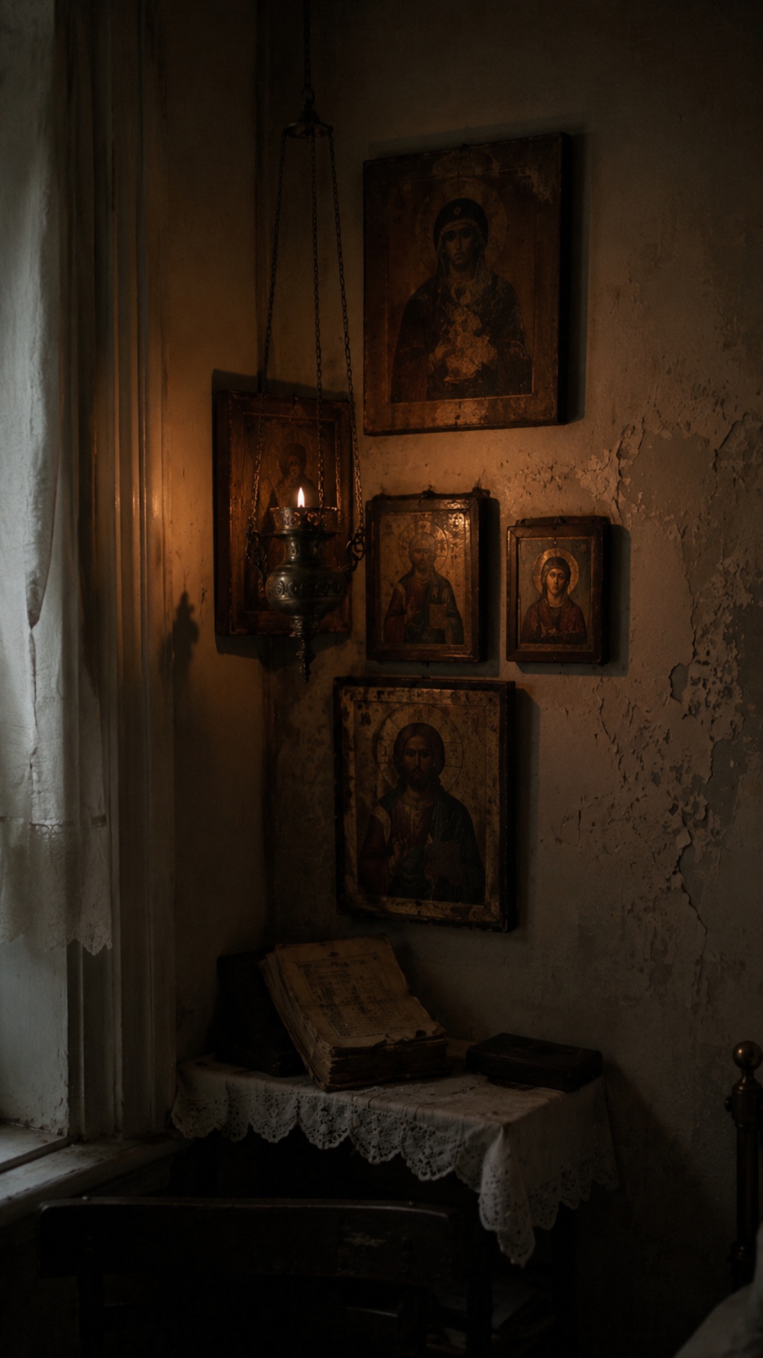 Slow cinematic close-up of old Orthodox icons in a dim room, candle flame gently flickering, subt...