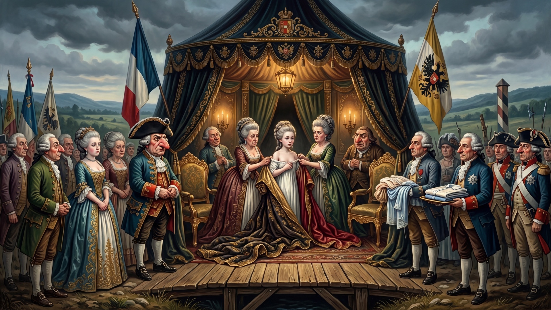 Cinematic loop animation, splice art style, 18th century baroque painting comes alive.

Charact...