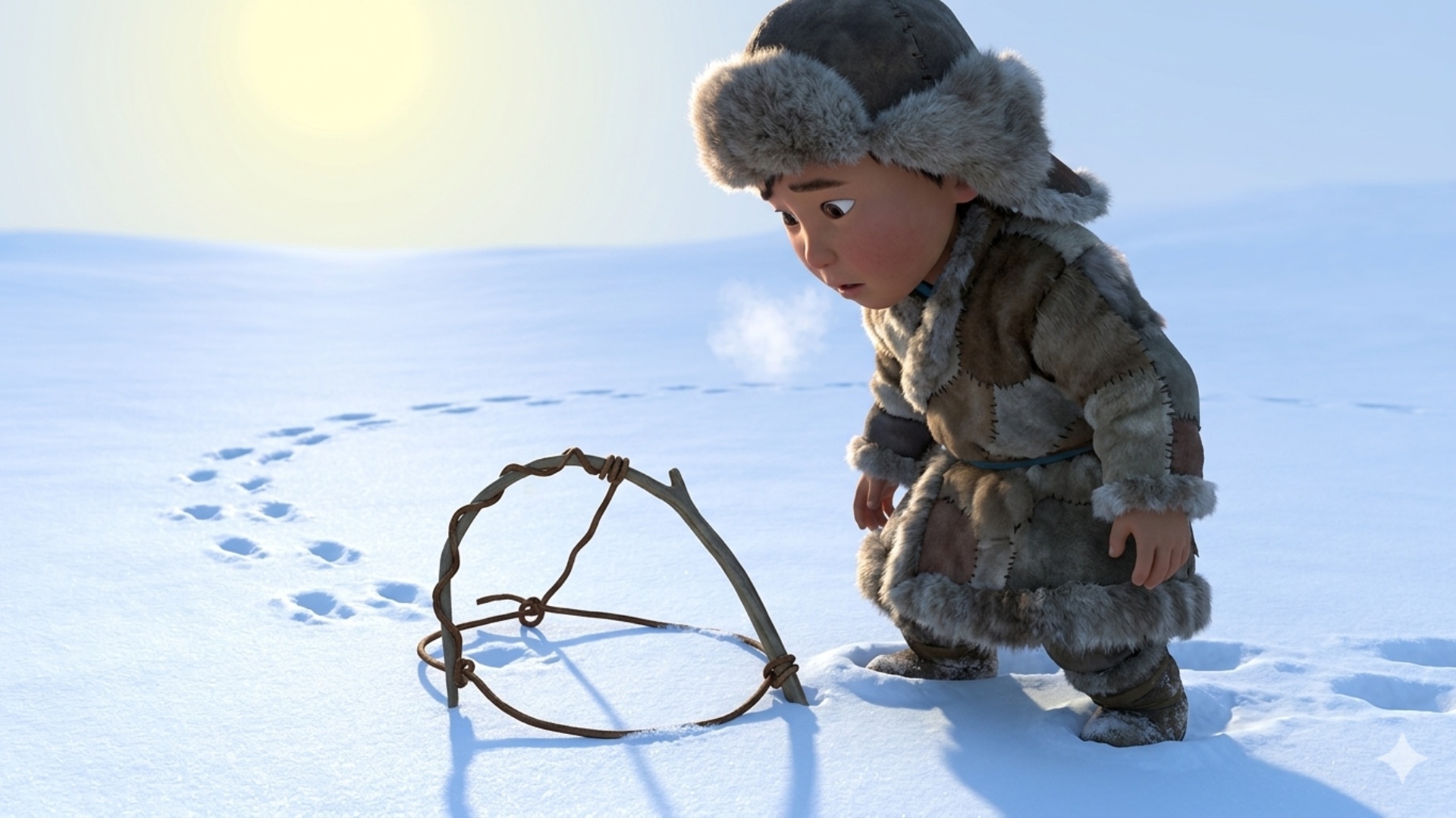 The boy stops walking and looks down. His eyes widen slightly with disappointment as he sees the ...