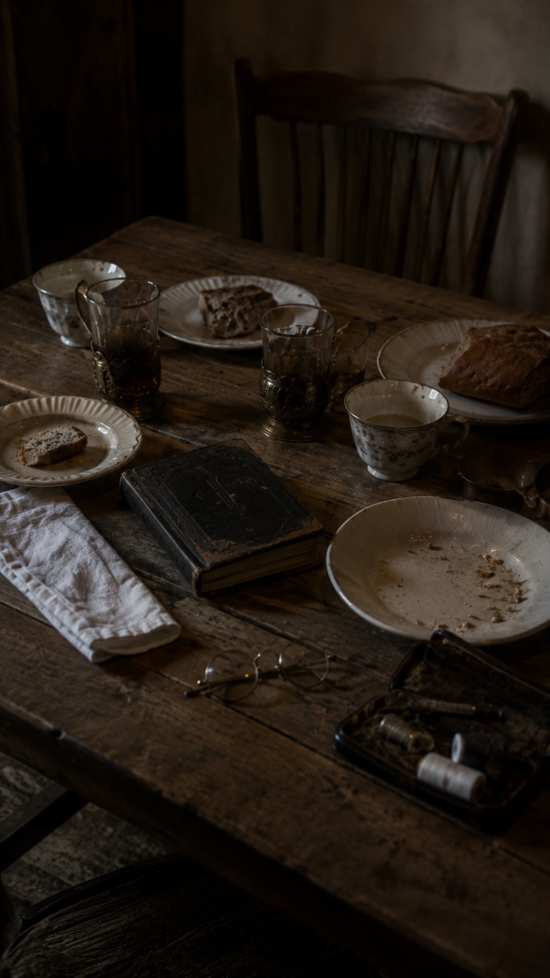 Slow cinematic close-up of a wooden dinner table after supper: cups, bread, plates, a Bible, sewi...