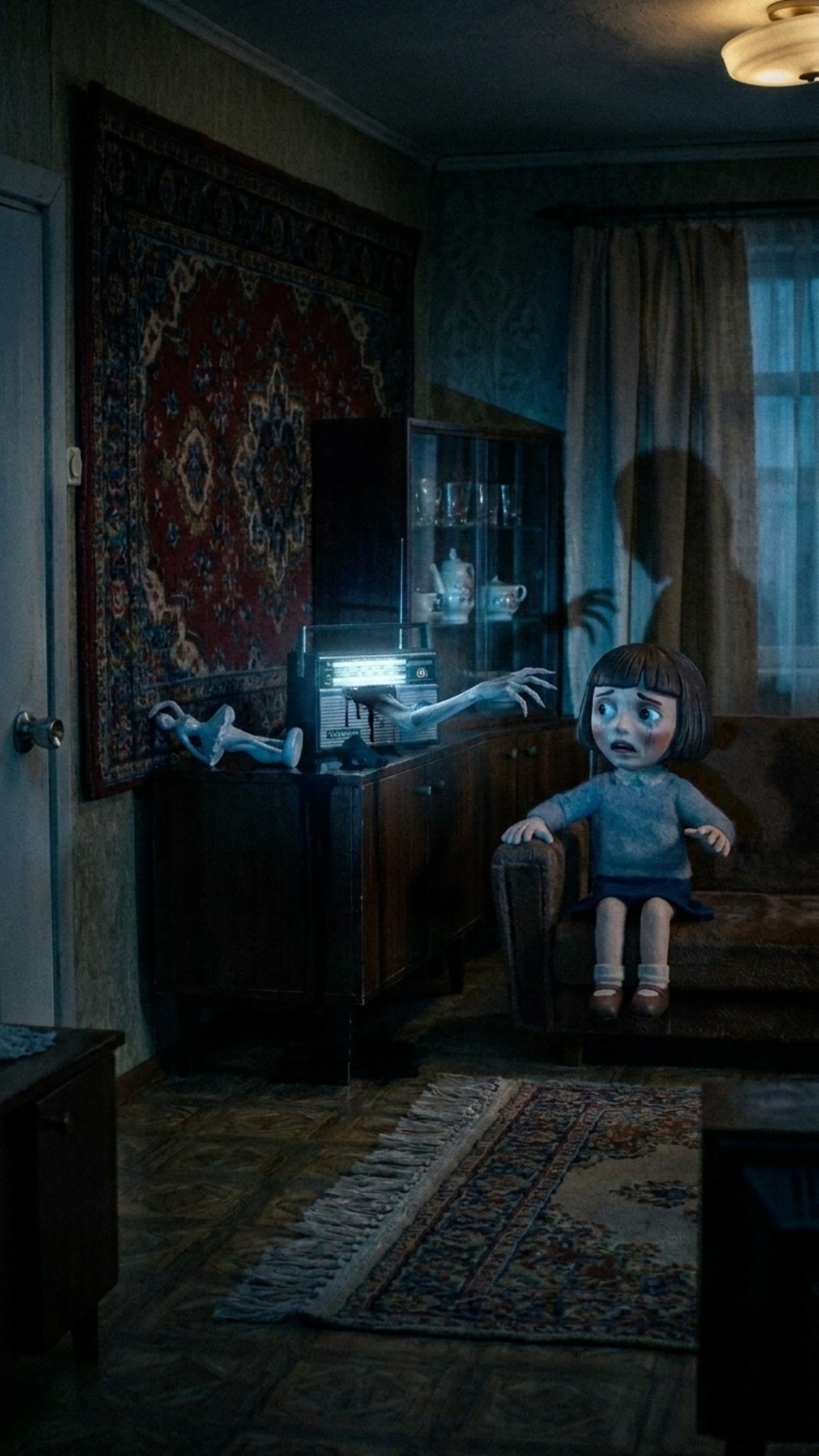 Stop-motion puppet animation, 12fps, Steve Burton claymation style, handcrafted aesthetic, frame-...