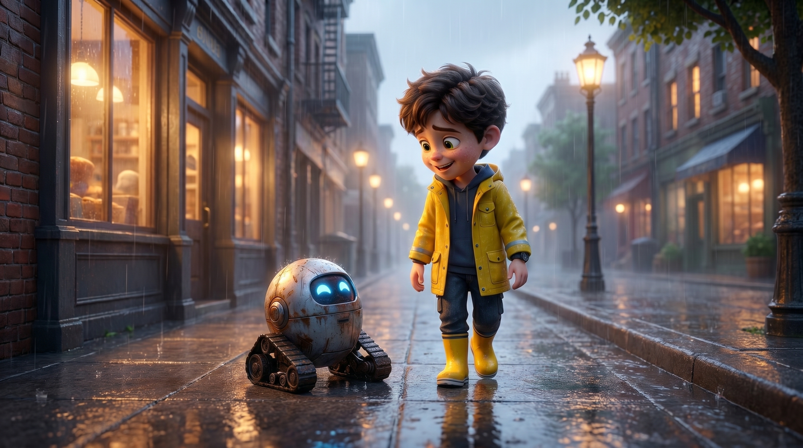 Pixar-style emotional friendship scene, Pasha walking home beside tiny robot rolling happily alon...
