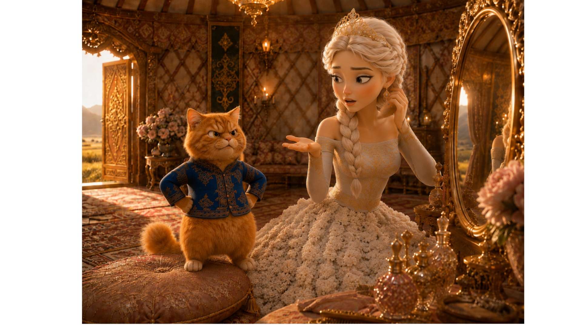 Disney Pixar style, inside a luxurious traditional Kazakh yurt during warm golden sunset. Camera ...