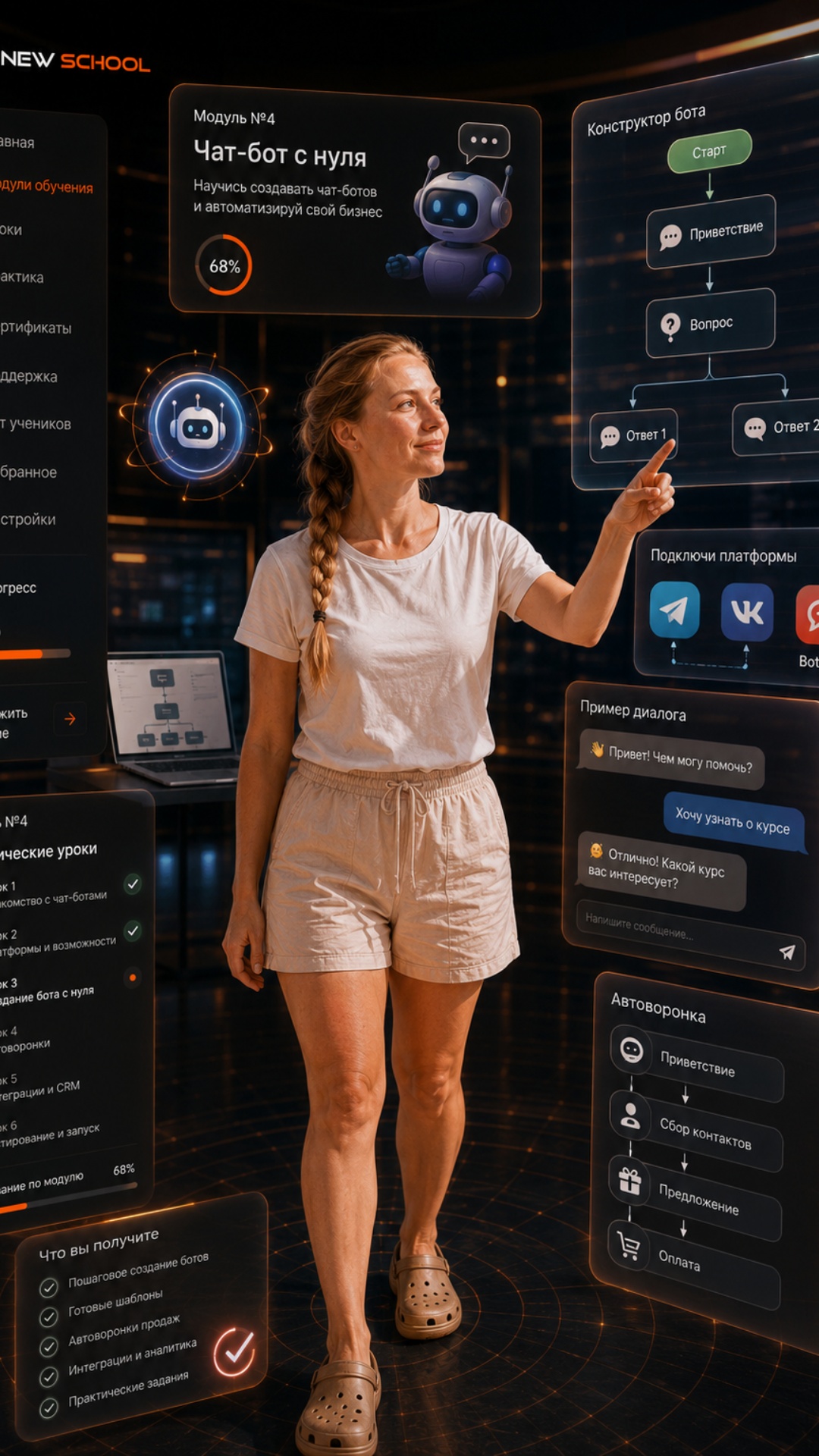 Cinematic realistic animation. The woman stands inside a modern chatbot creation interface. Float...