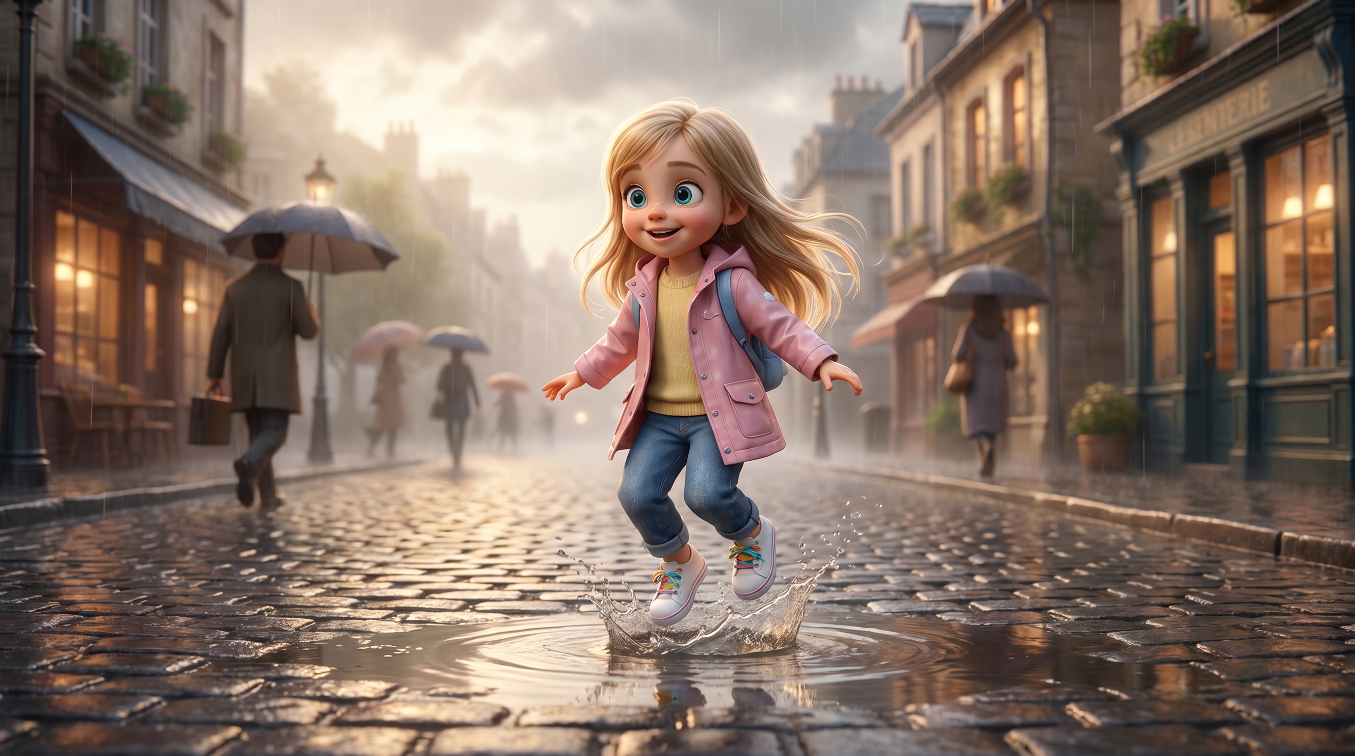 Pixar-style rainy city morning, sleepy cozy European street after rain, people hurrying with umbr...