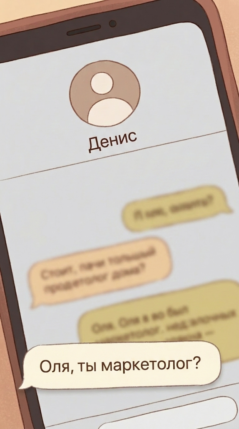 Bubble с текстом "Оля, ты маркетолог?" появляется снизу плавным slide-up в первую секунду, затем ...