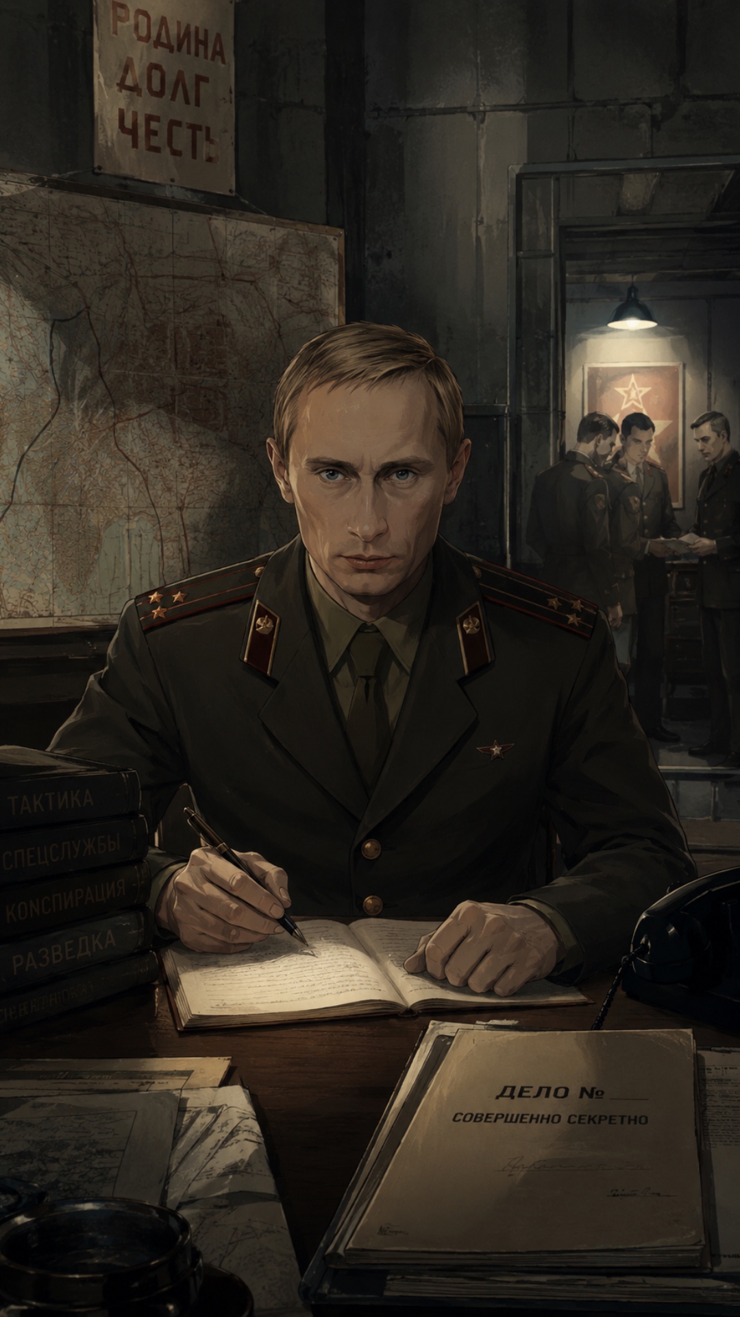 Interior Soviet intelligence training facility, dim industrial room with maps, documents, and gla...